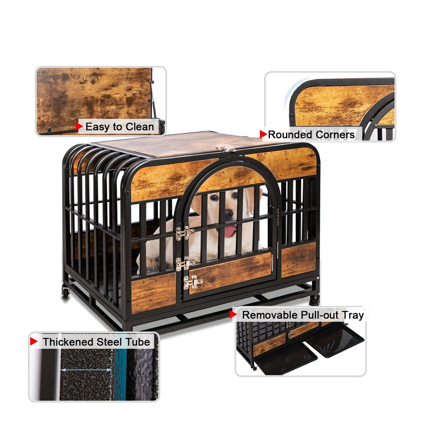Dog Crate Furniture,46in Dog Kennel with Pull-Out Tray and Lockable Omni-Directional Wheels, Hard Steel Pipe and Heavy Duty Wooden Panel