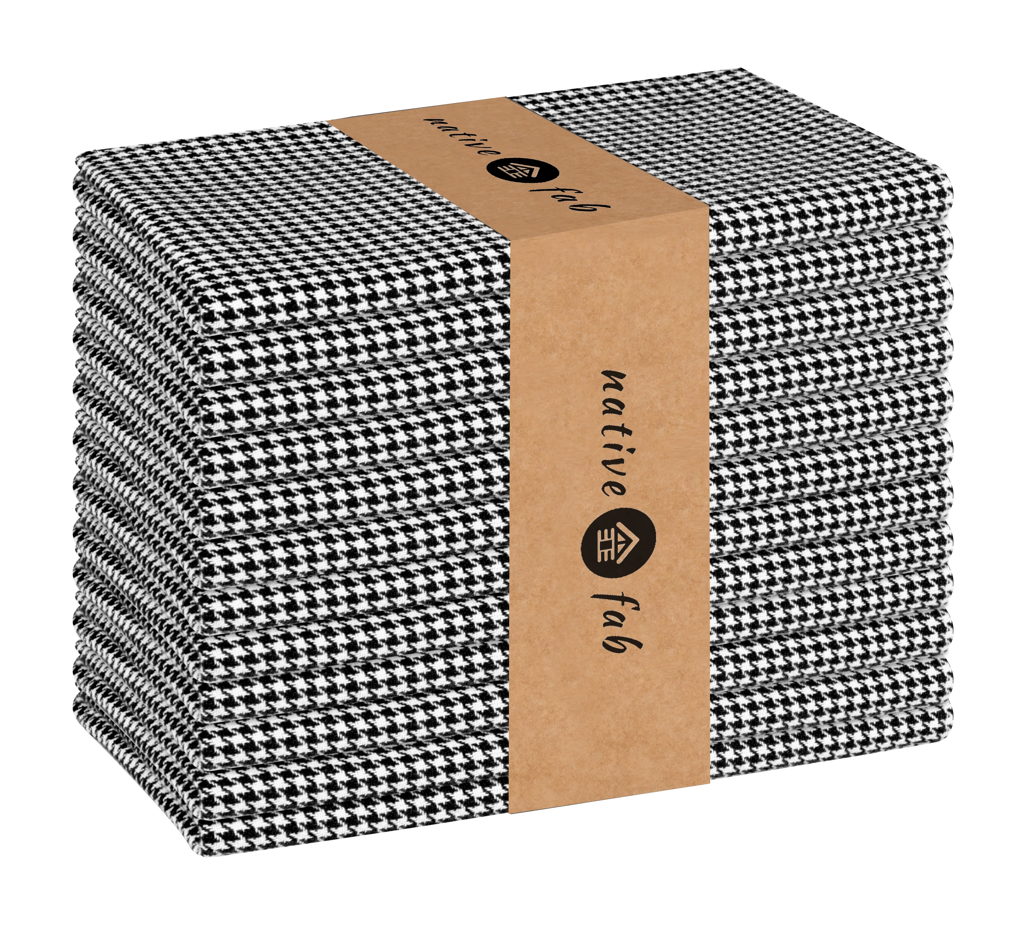 Native Fab Reusable Houndstooth Cloth Napkin 18x18 Cotton Set of 12 - Black