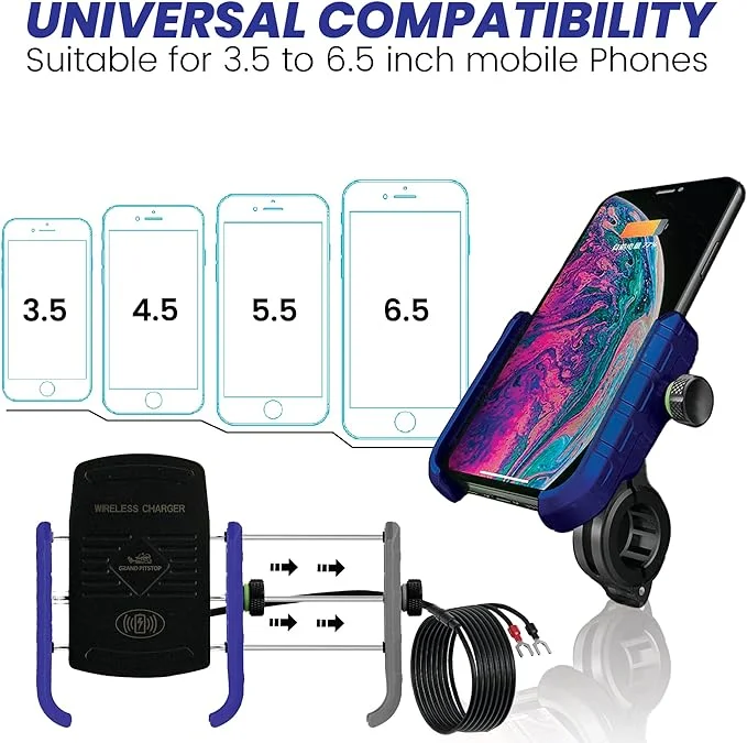 Motorcycle Wireless 15W Qi/USB Quick Charger 3.0 Phone Holder 2 in 1 Mount on 22-32mm Handlebar or Rear-View Mirror Fast Charging for 3.5-6.8 inch Cellphones(black)