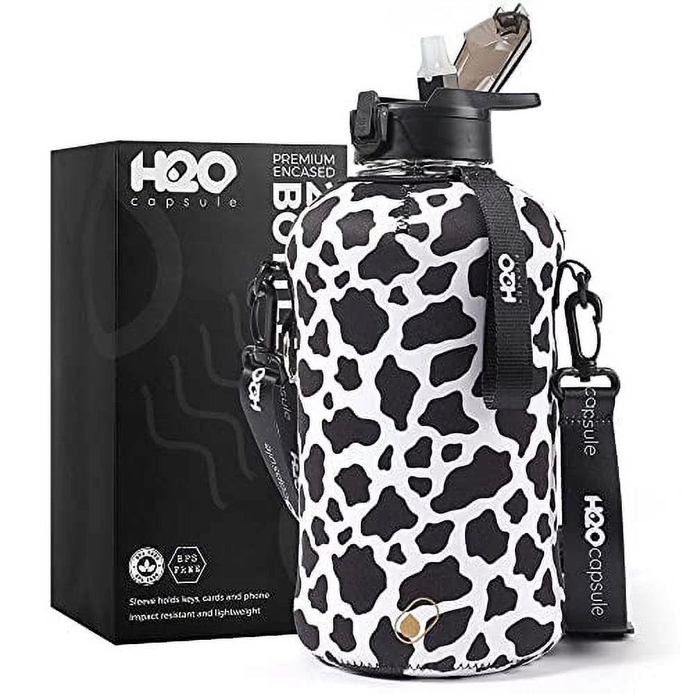 H2O Capsule 2.2L Half Gallon Water Bottle with Storage Sleeve and Covered Straw Lid - BPA Free Large Reusable Drink Container with Handle - Big Sports Jug, 2.2 Liter (74 Ounce) Cowbell