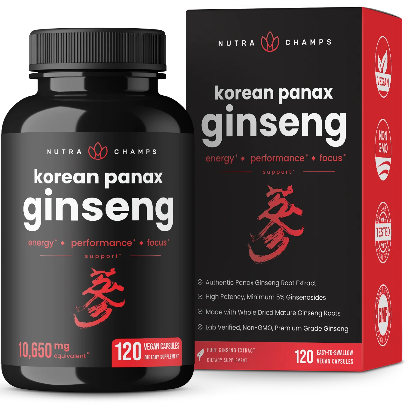 NutraChamps Korean Red Panax Ginseng Capsules | Extra Strength Ginsenosides for Energy, Focus, Performance, Vitality & Immune Support | Korean Red Ginseng Root Extract Powder Supplement | Vegan Pills