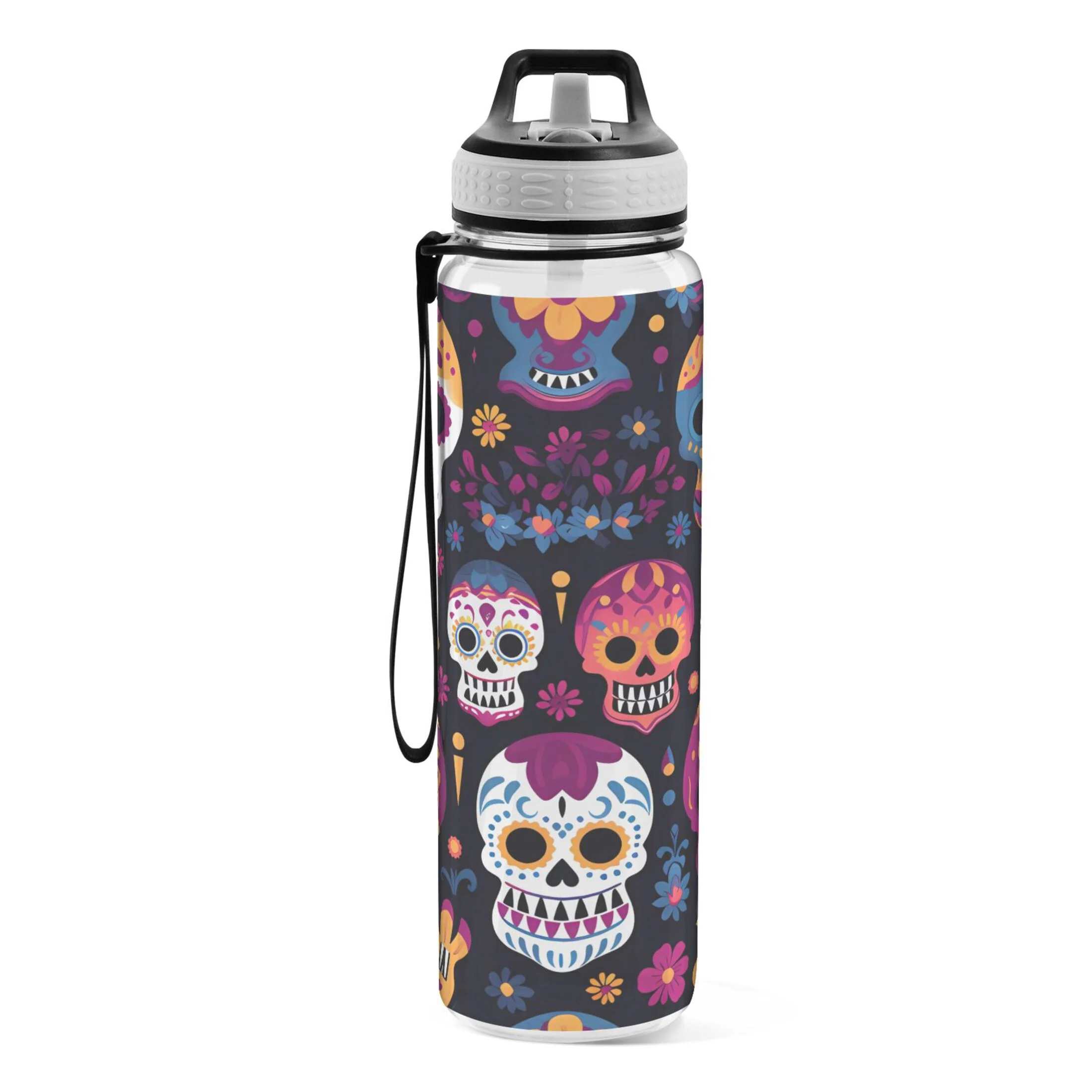 Colorful Skeletons Skulls 32oz Water Bottles with Straw Tritan Leakproof Sports Bottle BPA Free Clear for Fitness Gym Swimming Cycling