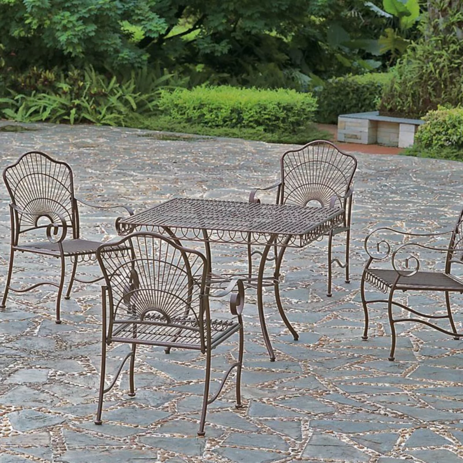 International Caravan Sun Ray Iron Square Dining Group-Color:Bronze,Material:Iron,Number of Items:5 Piece