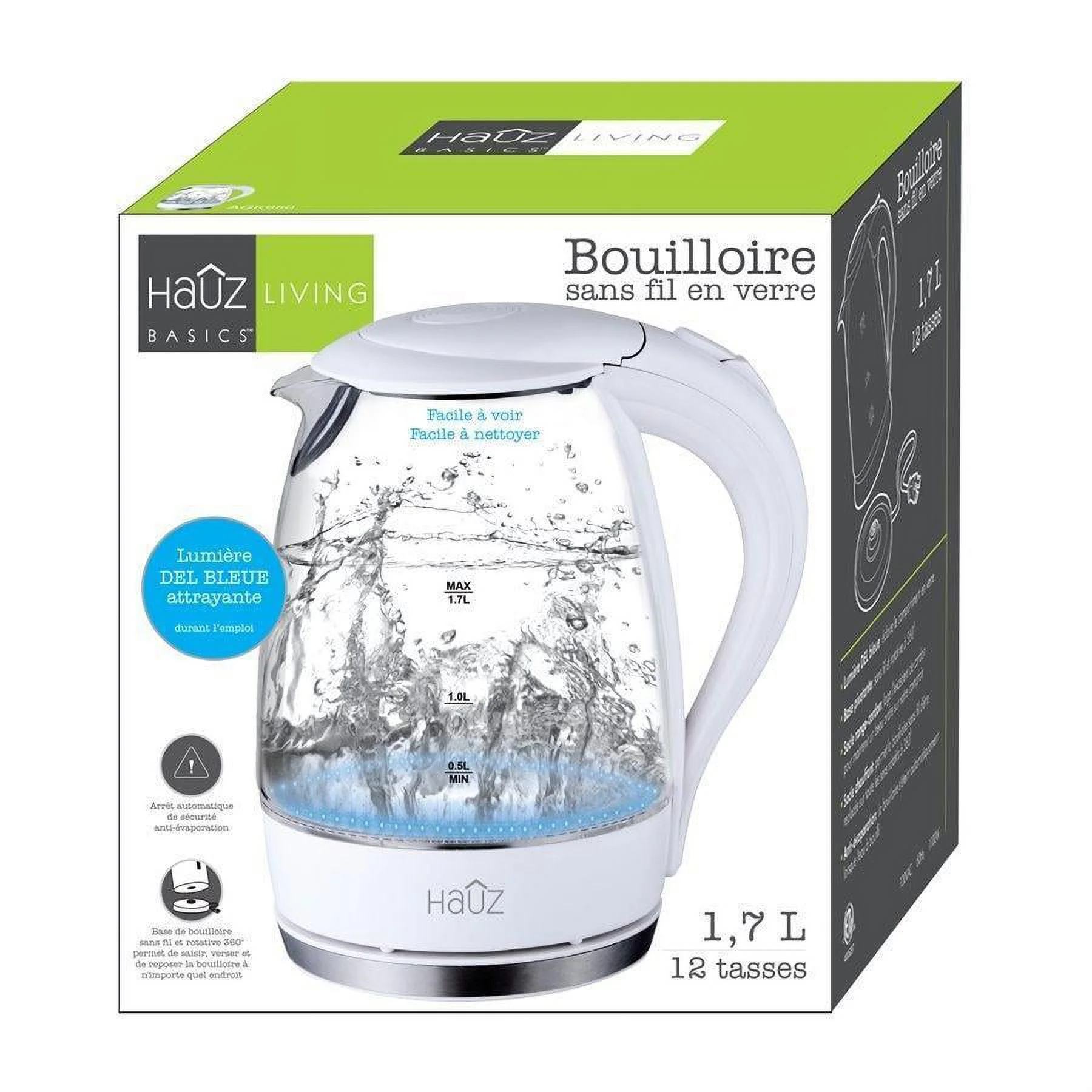 Hauz Blue LED Illuminated Glass Kettle 7 Cups 1.7 Liters White