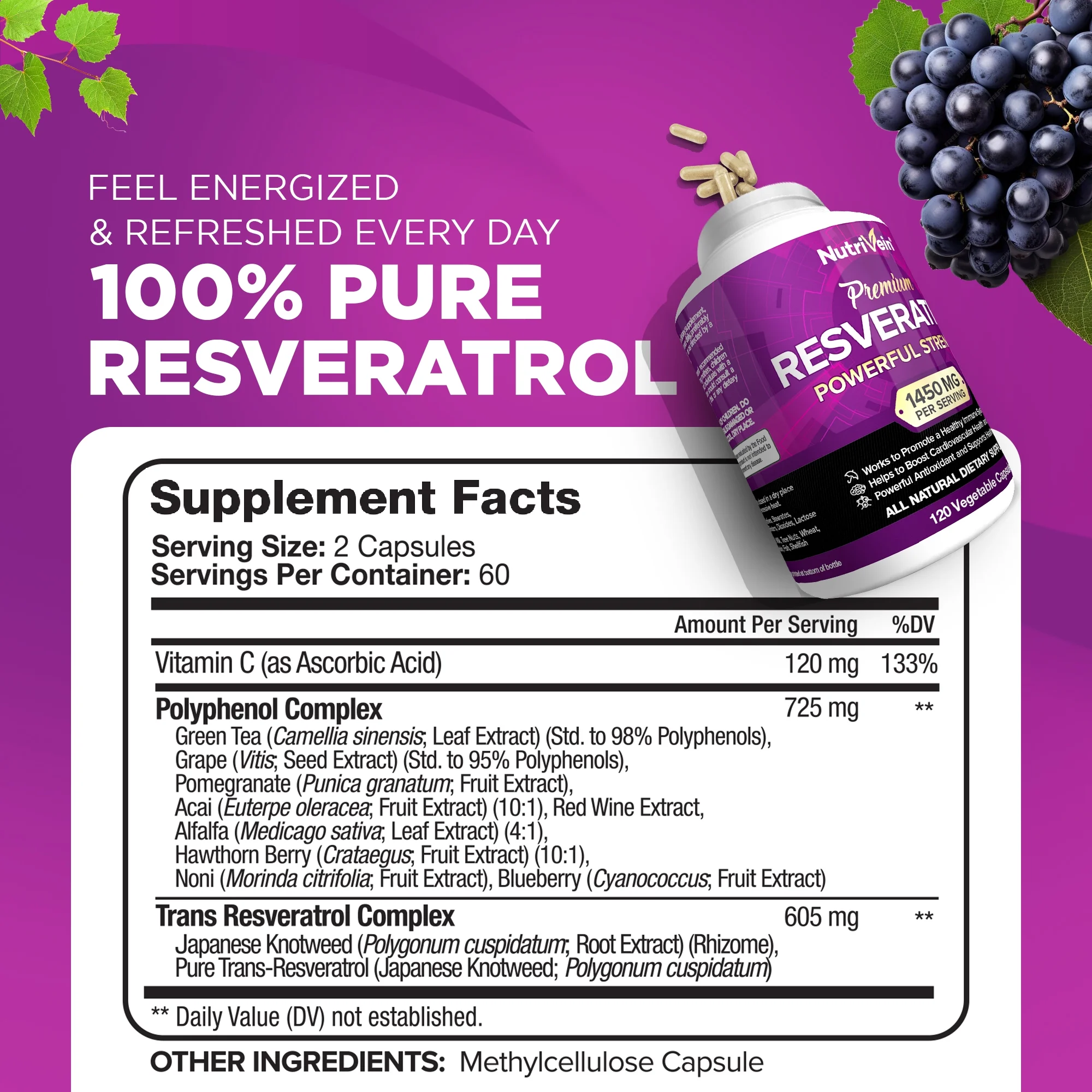 Nutrivein Resveratrol 1450mg - Anti Aging Antioxidant Supplement 120 Capsules