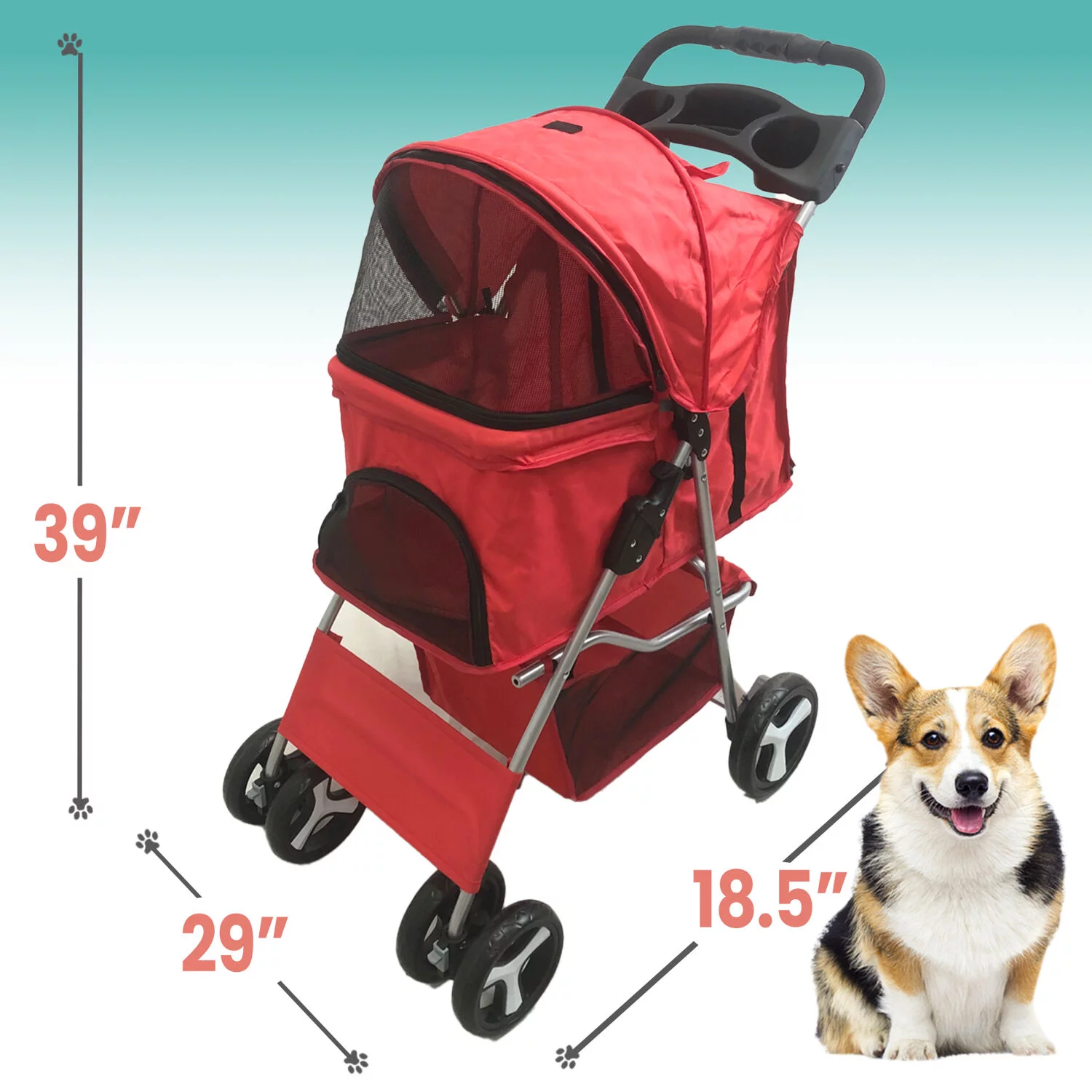 Critter Sitters Red 4-Wheel Pet Stroller for Small/Medium Sized Dogs, Cats, Animals with Scratch Resistant Breathable Mesh Windows and Safety Leash | Storage Basket | Cup Holders | Lockable Wheels