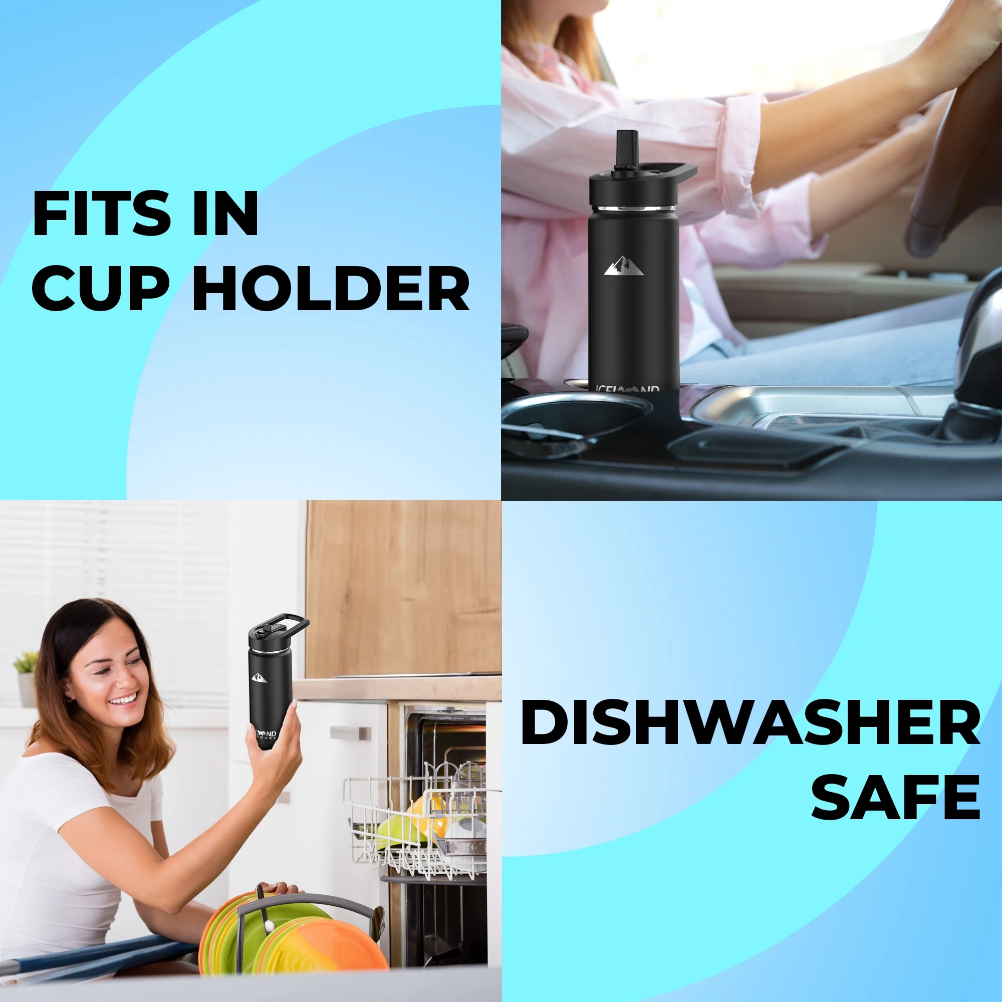 Insulated Water and Beverage Bottle with Straw and Flip Top Lid, Fits Cup Holder, Double Walled Stainless Steel Vacuum Sealed, Leak and Sweat Proof Stainless Steel 24oz