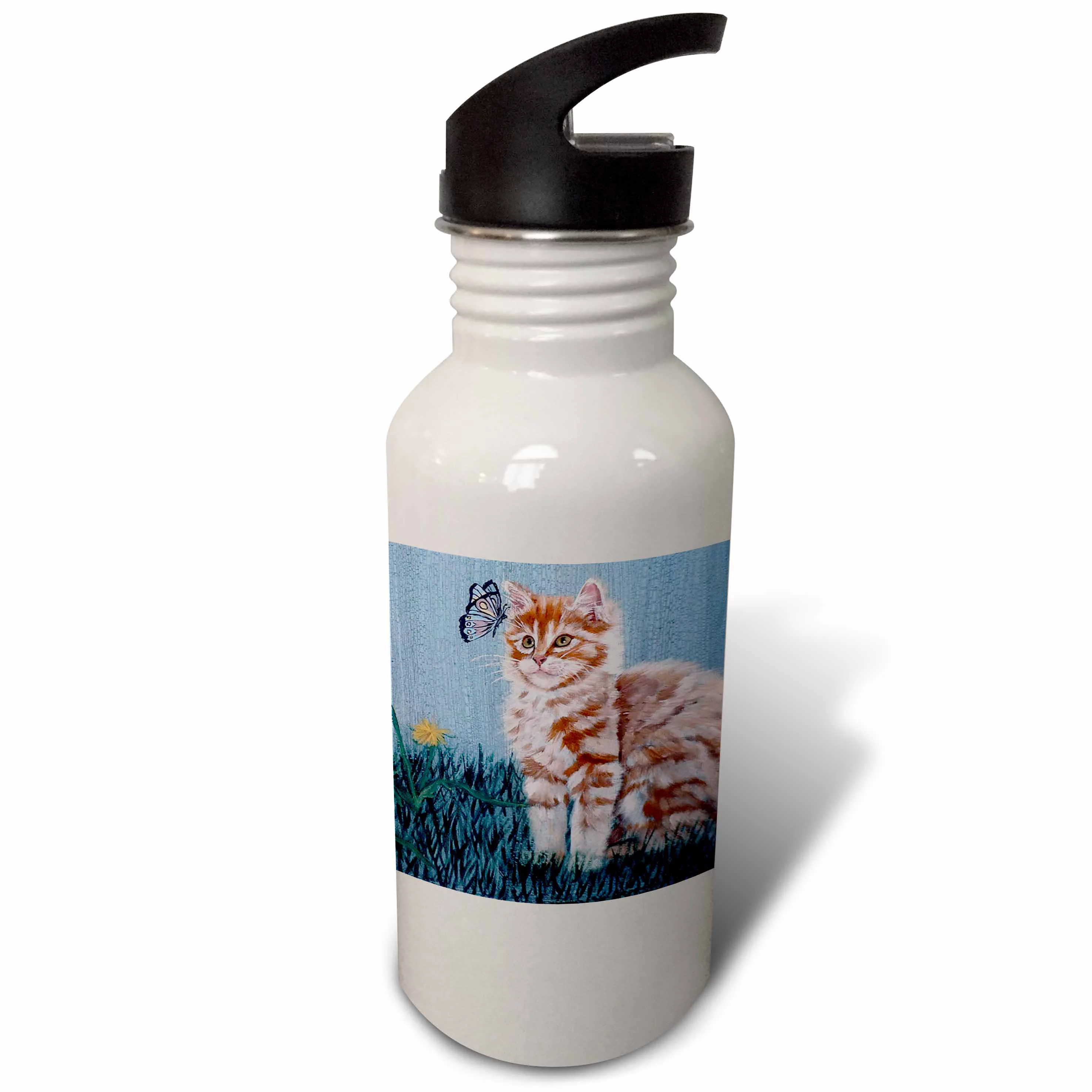 Orange and White Striped Tabby Kitten Staring at Butterfly with Blue Crackled Background 21 oz Sports Water Bottle wb-44380-1
