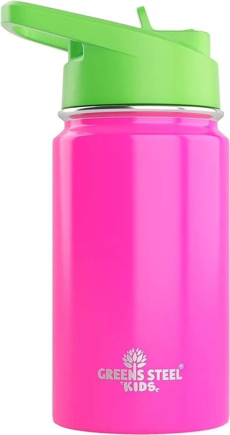 Kids Water Bottle - 12oz Pink | Leak Proof With Straw & Handle | 24 Hours Cold | Insulated, Double Wall Stainless Steel | Easy Sip Toddler Cup | Child's Flask | Eco Friendly
