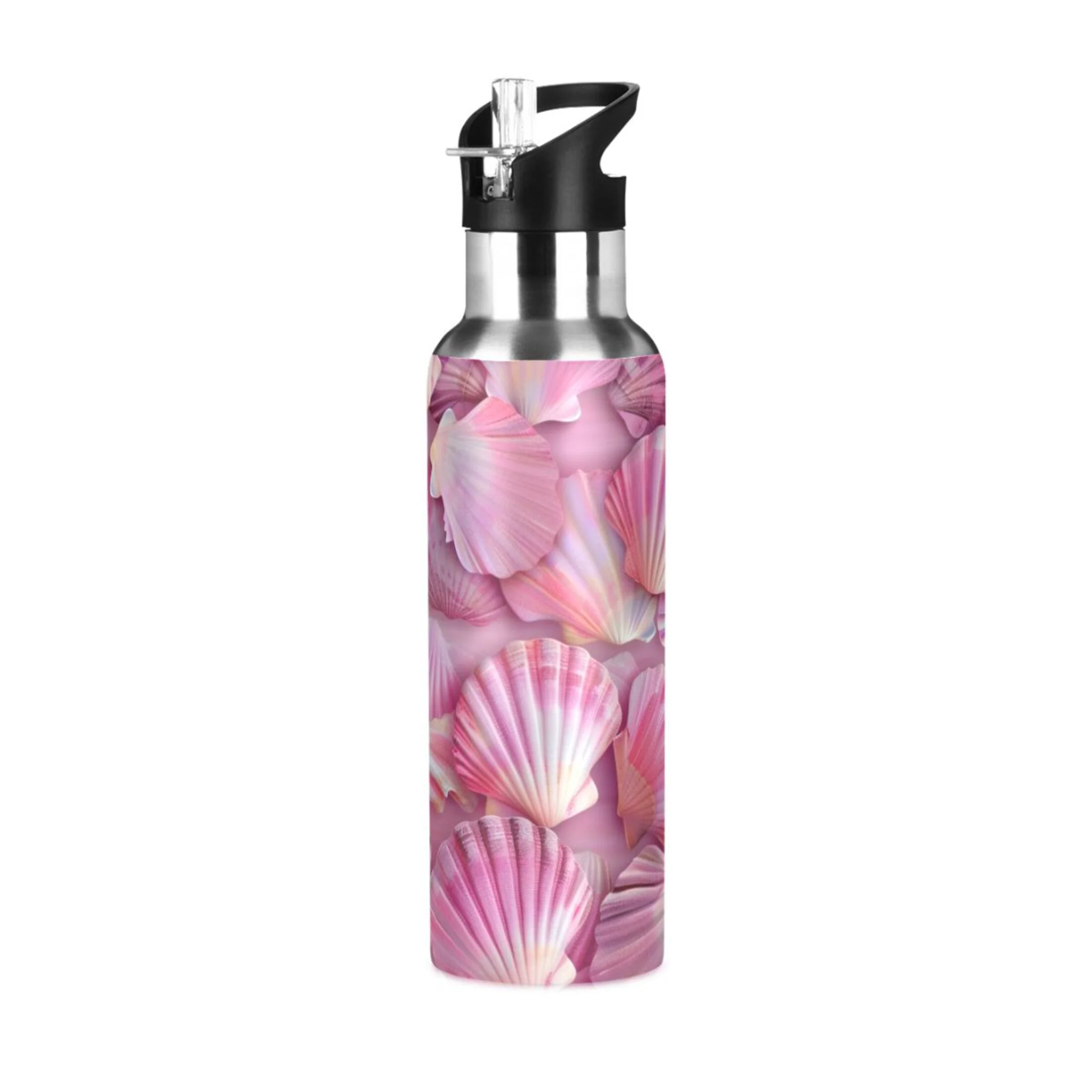 Pink Abstract Seashells Water Bottles Insulated Thermos Kids Stainless Steel Bottle with Straw Lid Flask Leakproof for Sports Gym 20 oz