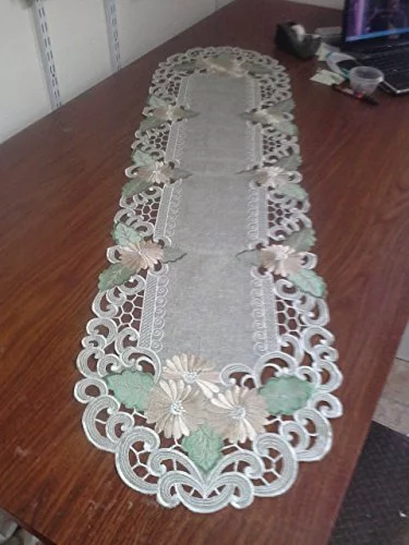 Doily Boutique Table Runner with Gold Daisy Flowers on Sage Green Burlap Linen Type Fabric, Size 35 x 15 inches
