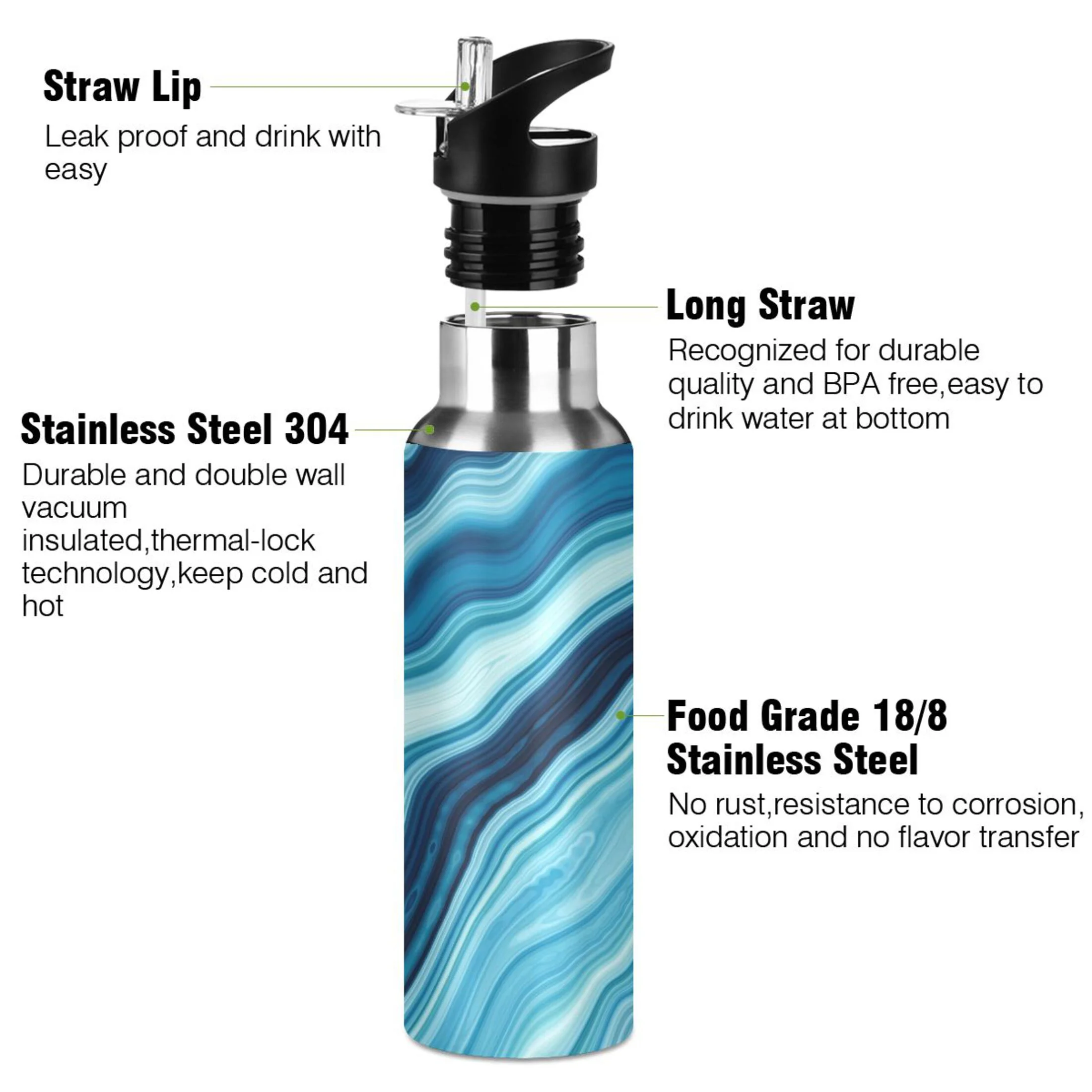 Water Bottle with Straw Lid Leak Marble in Blue Stainless Steel Insulated Thermos Vacuum Flask for Cold Hot Drinking for Sports Camping Gym Yoga