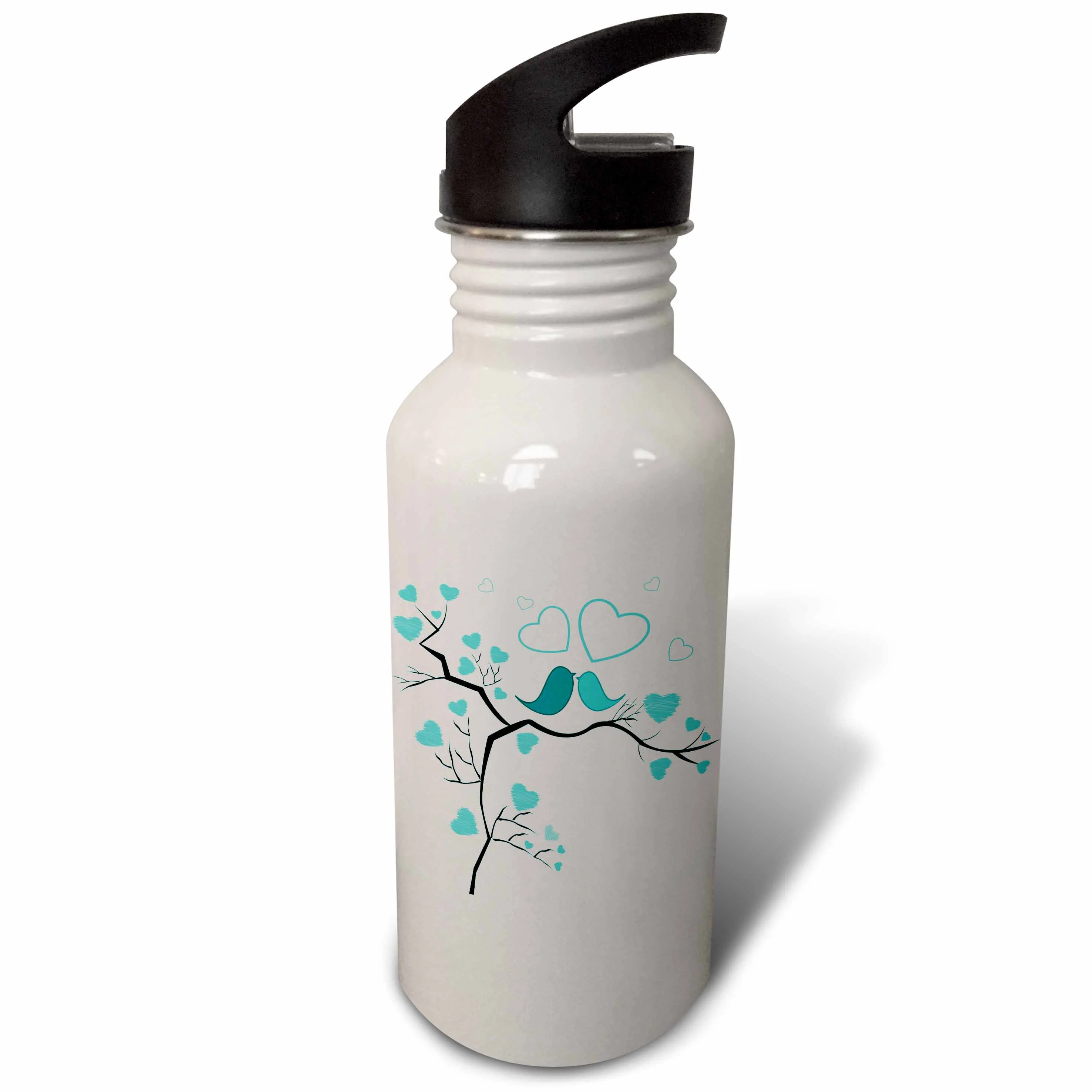 Two Kissing Love Birds and Hearts In Turquoise 21 oz Sports Water Bottle wb-101640-1