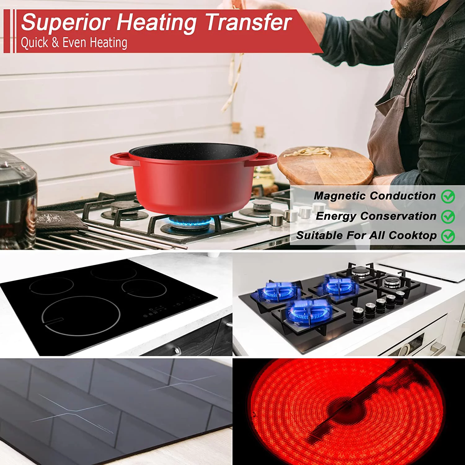 imarku | 16-Piece Aluminum Cookware Sets Pots and Pans Set  Nonstick Granite Coating - Red