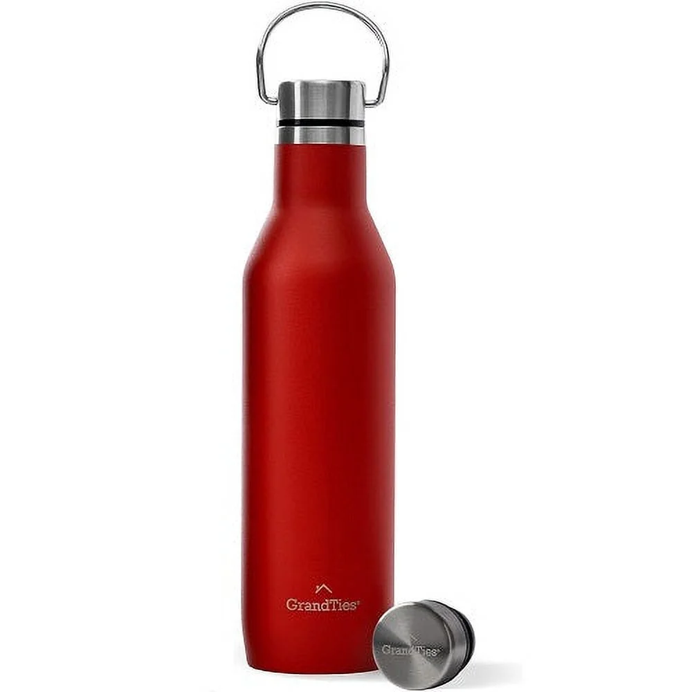 GrandTies Stainless Steel Water Bottles with 2 Lids | Slim Vacuum Insulated Cupholder Flask | Reusable Leak Proof BPA-Free Keep Cold Water bottle for School Gym Travel Sports | 21oz, Cranberry Red