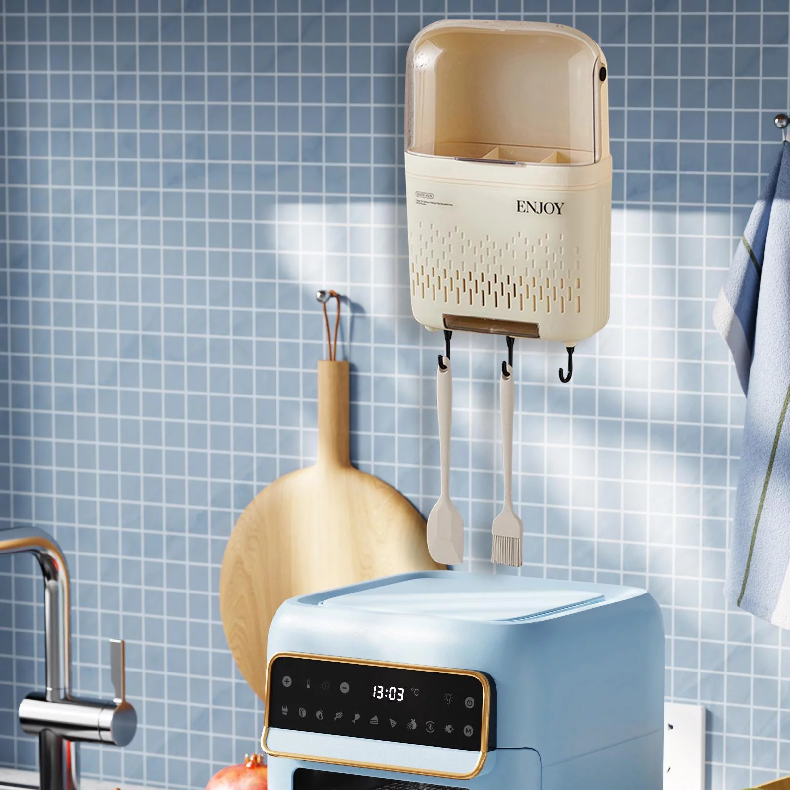 Silverware Storage Organizer Chopstick Holder Compartmental Drainer with Hooks Wall Mount Utensil Rack Cutlery Drainer for Forks Spoons Home with Lid