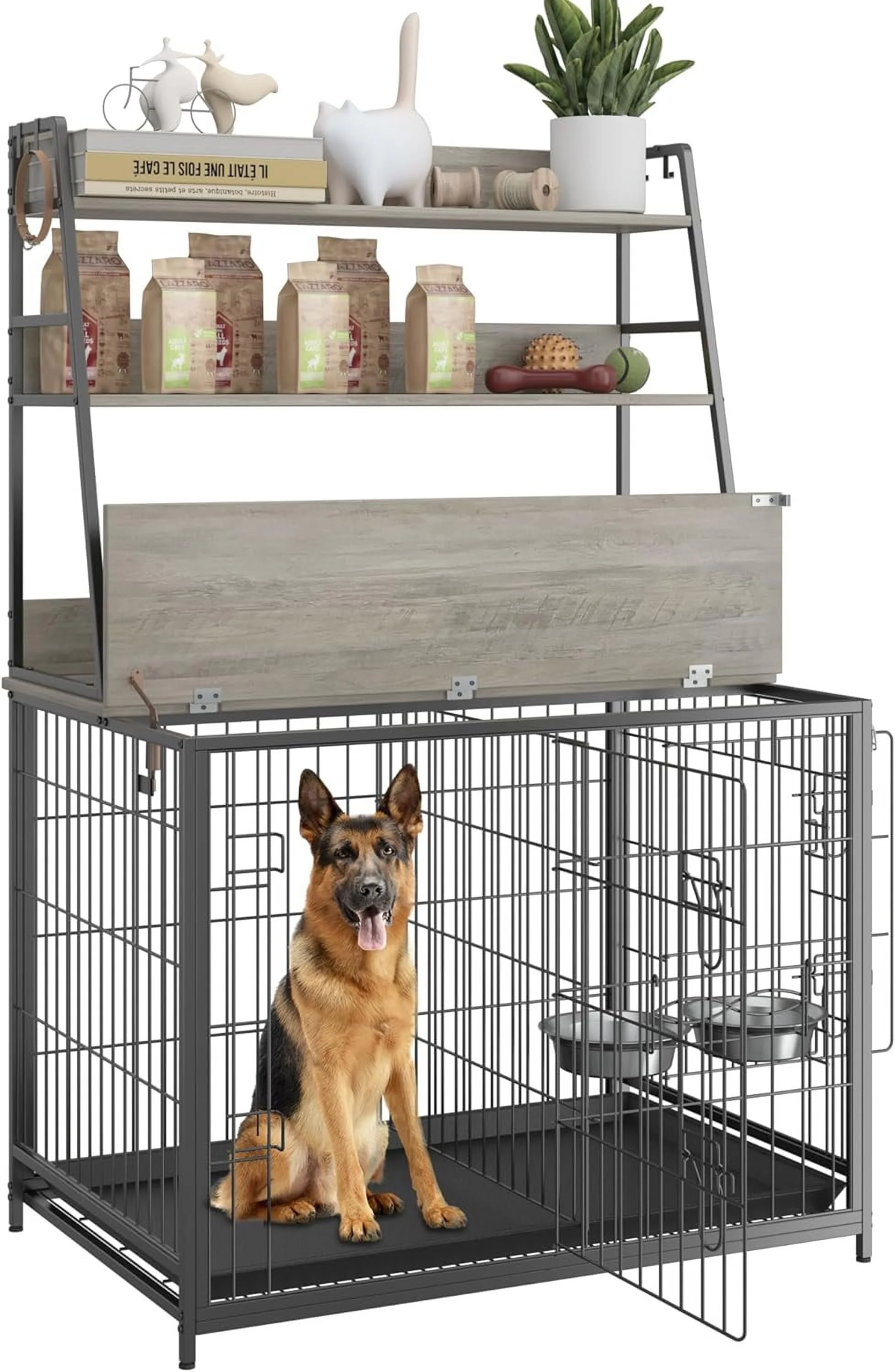 Homhougo—Wooden Dog Kennel with Removable Tray,Double Doors Modern Dog Crate,Indoor Dog House with Two Adjustable Stainless Steel Bowls,End Table Dog Cage,Grey
