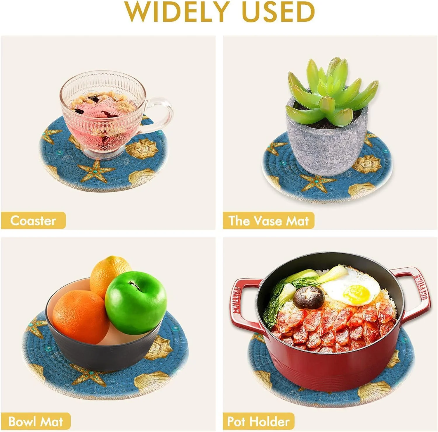 SKYSONIC Pot Holders Trivets set, 2 Pcs,Gold Seashells and Starfish Potholders for Kitchen Thread Weave Trivets for Hot Dishes/Pot/Bowl/Teapot/Hot Pot Holders