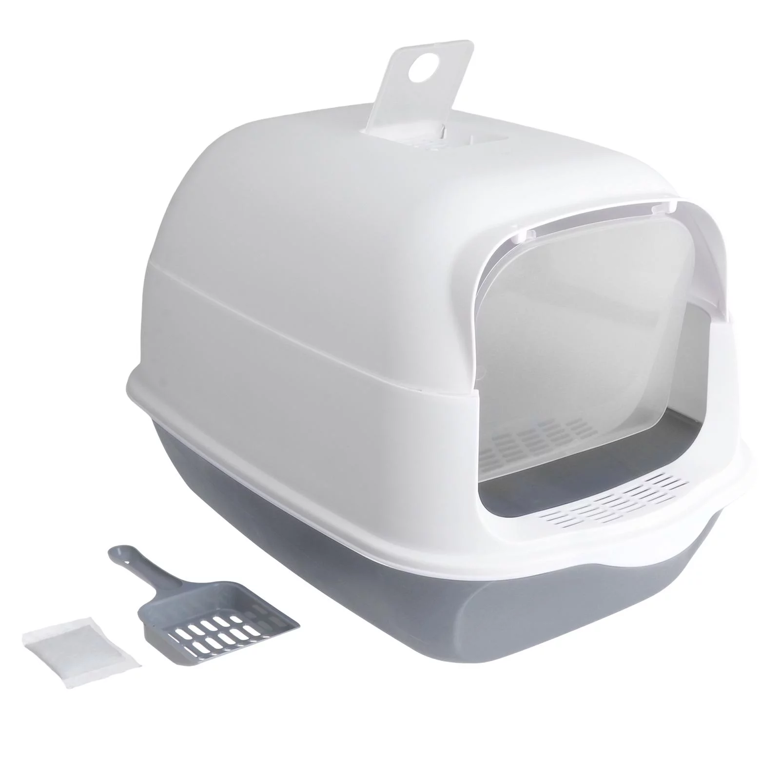 Hooded Cat Enclosed and Covered Cat Toilet with Door Kitten Potty Grey