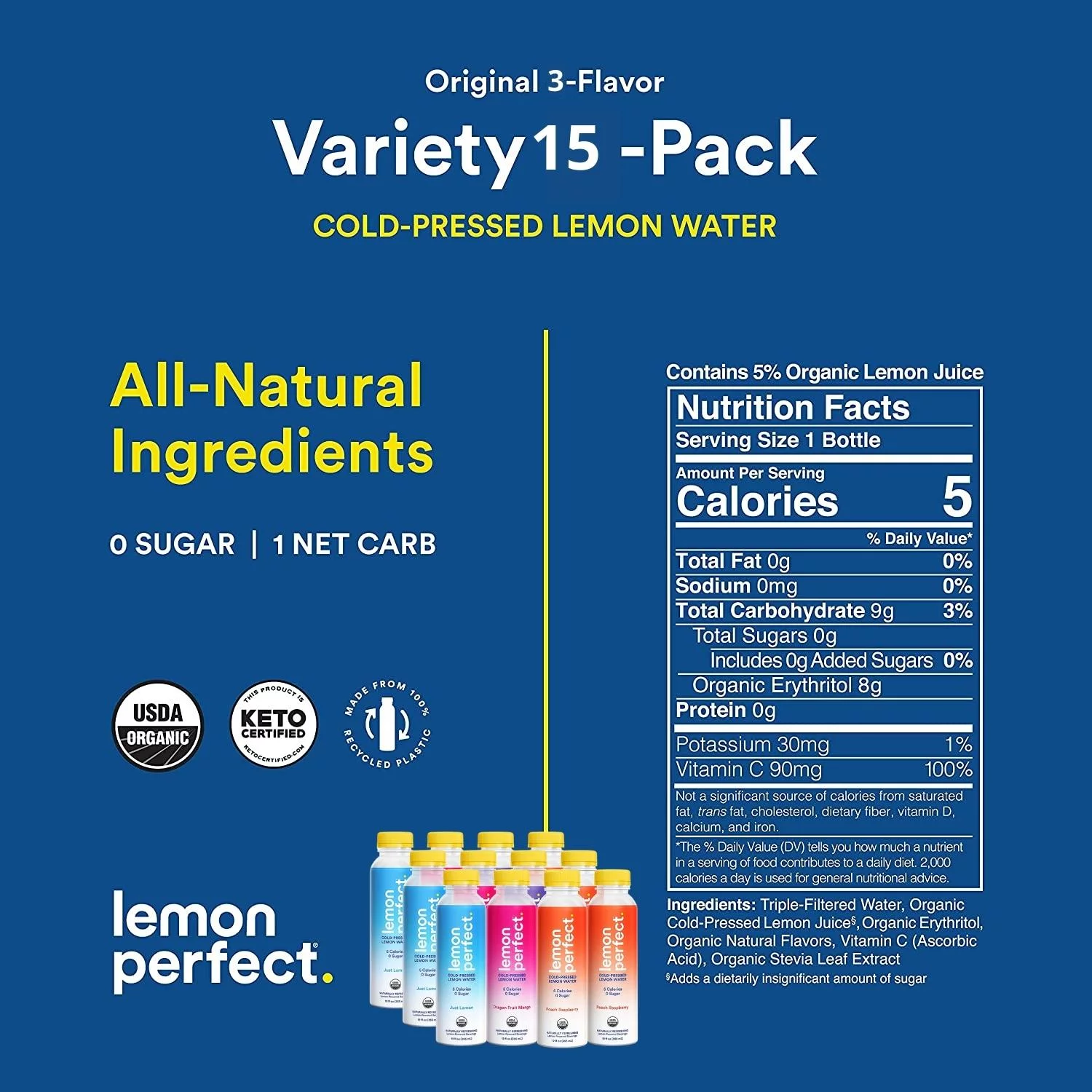 Lemon Perfect,  (15 Pack) Organic Cold-Pressed Lemon Water, Squeezed from Real Fruit, Flavored Water, Sugar-Free, Just Lemon, Dragon Fruit Mango & Peach-Raspberry, 12fl oz Bottles, 5 of each