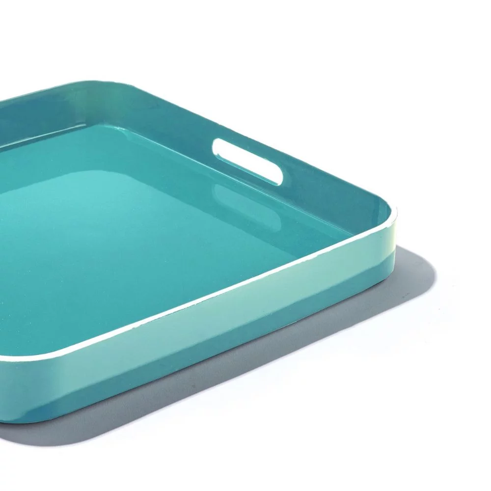 Trina Turk, Turquoise with White Rim Polypropylene Square Serving Tray with Handles, Set of 2