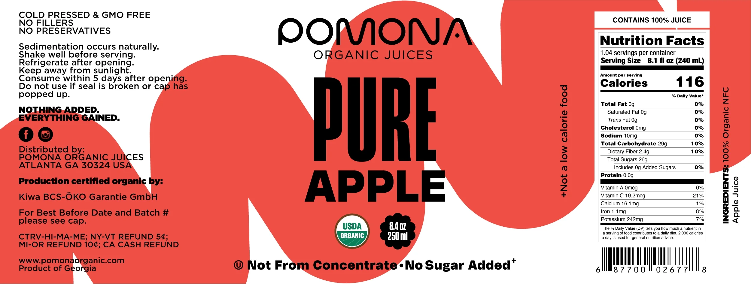 Pomona Organic Juices Pure Apple Juice: Pack of 12 x 8.4 Ounce Bottles, Cold Pressed Organic Juice, Non-GMO, No Sugar Added, Not from Concentrate, Gluten Free, Kosher Certified, Preservative Free