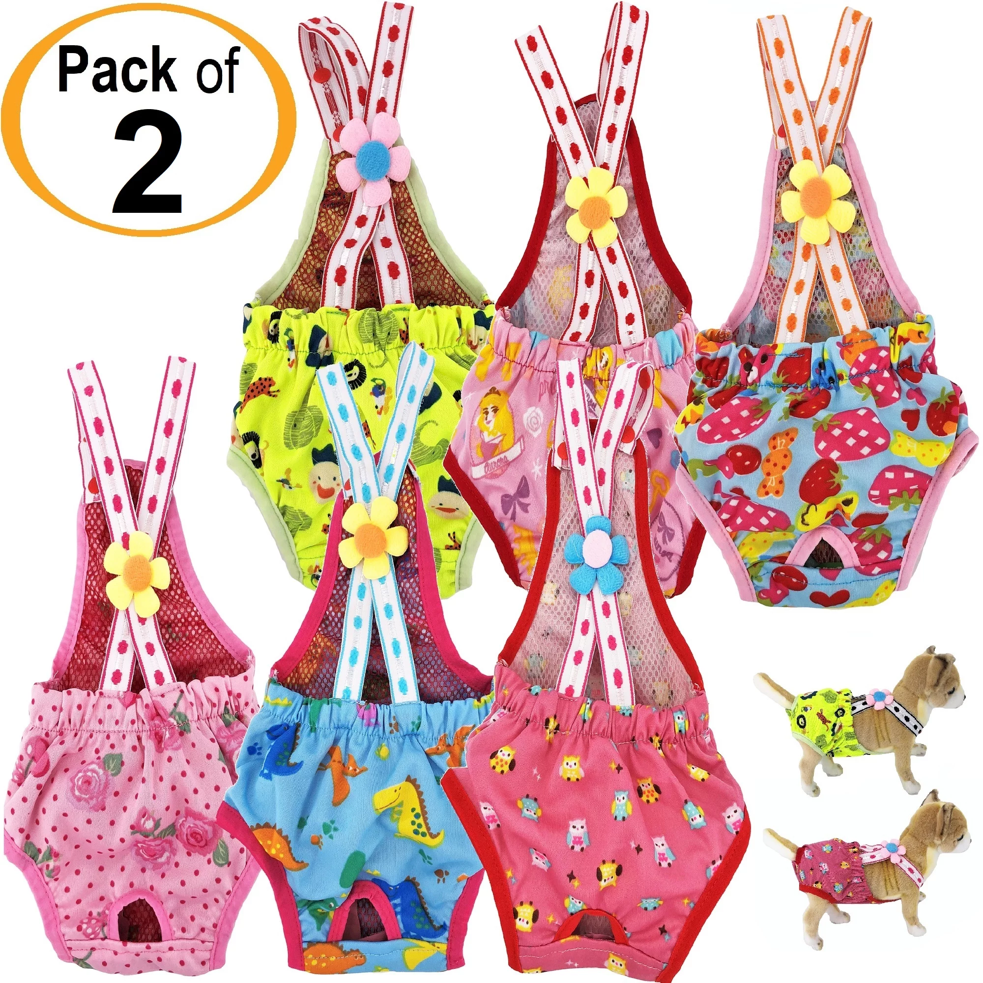 PACK of 2 Dog Diapers WASHABLE Female SUSPENDERS For SMALL Pet Random Colors sz S: Waist 10