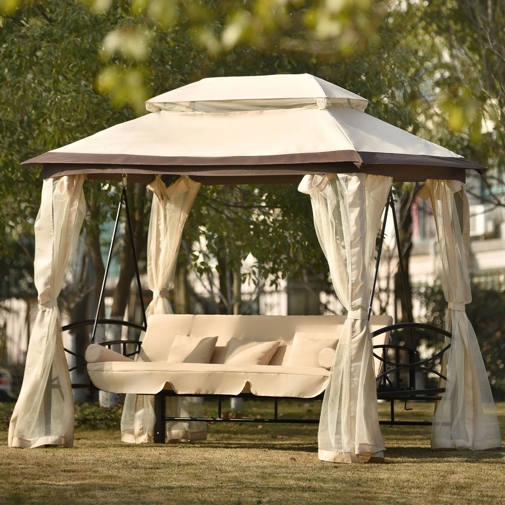 8.9 Ft. W x 5.9 Ft. D Outdoor Gazebo with Convertible Swing Bench, Double Roof Soft Canopy Gazebo with Mosquito Netting Beige