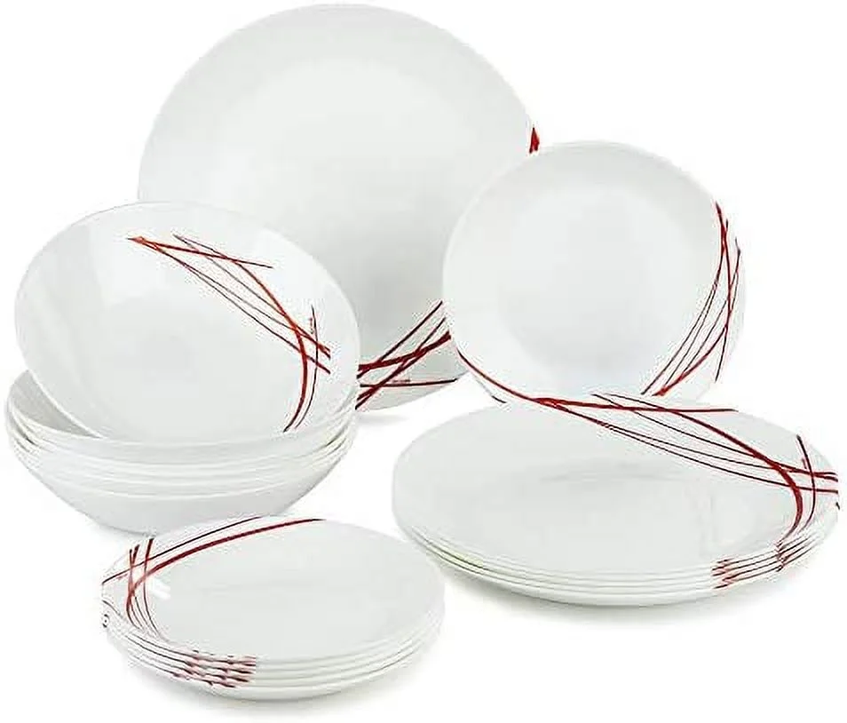 ARCOPAL P3363, Domitille Rouge Collection 18 Pcs Dinnerware Set, Tempered Glass Round Plates, Set for