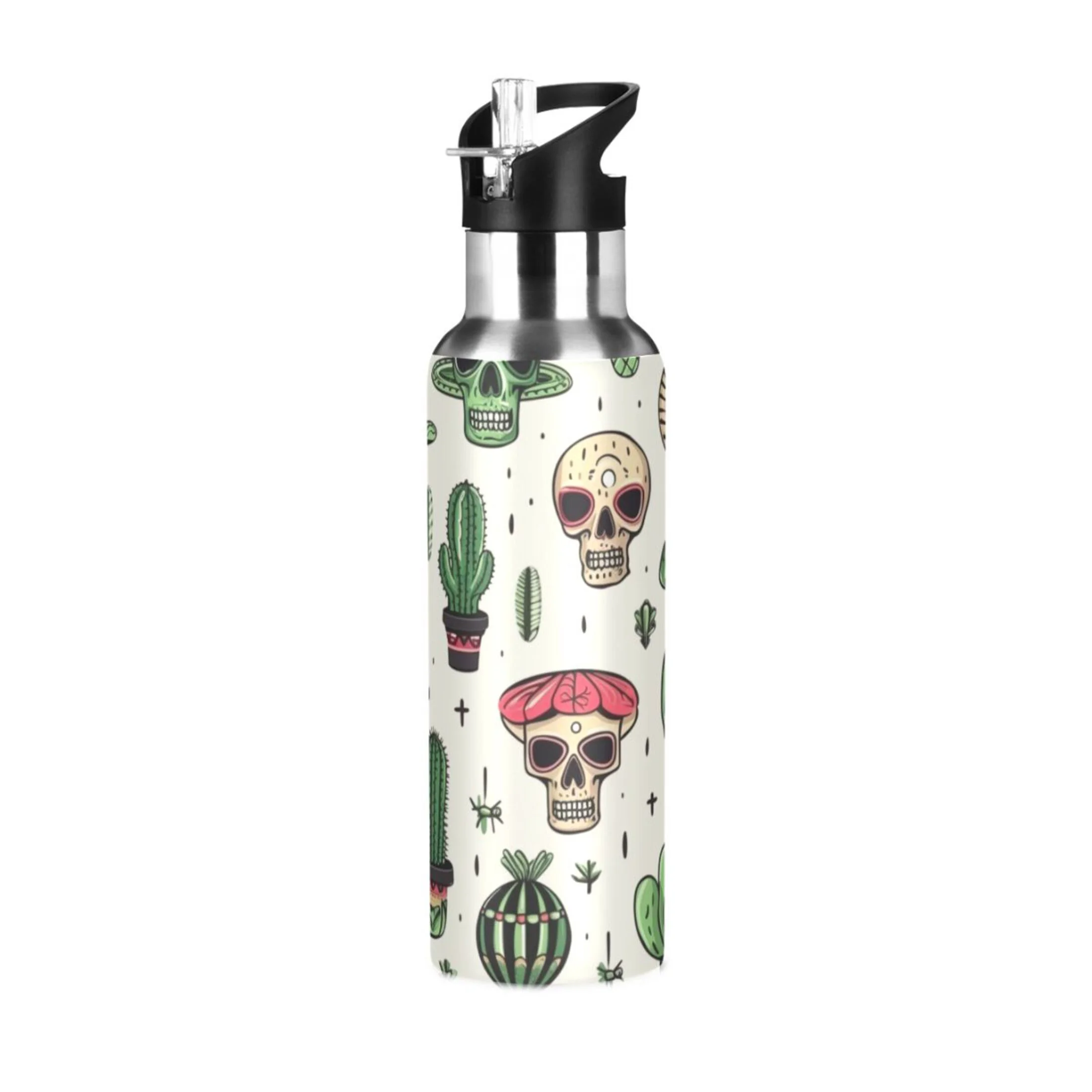 Skull Head and Cactus Water Bottles Insulated Thermos Kids Stainless Steel Bottle with Straw Lid Flask Leakproof for Sports Gym 20 oz