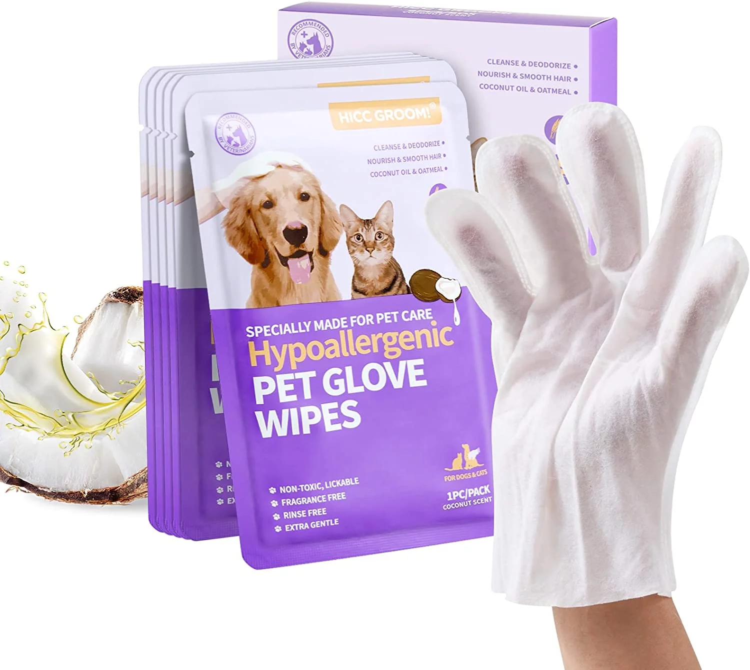 Cleaning & Deodorizing Pet Wipes Supplies for Dogs and Cats, Nourish Fur Coconut Oil Glove-Type Puppy/Cat Grooming Wipes for Traveling, Daily Care in Between Baths, 6 PCS - Coconut Scent