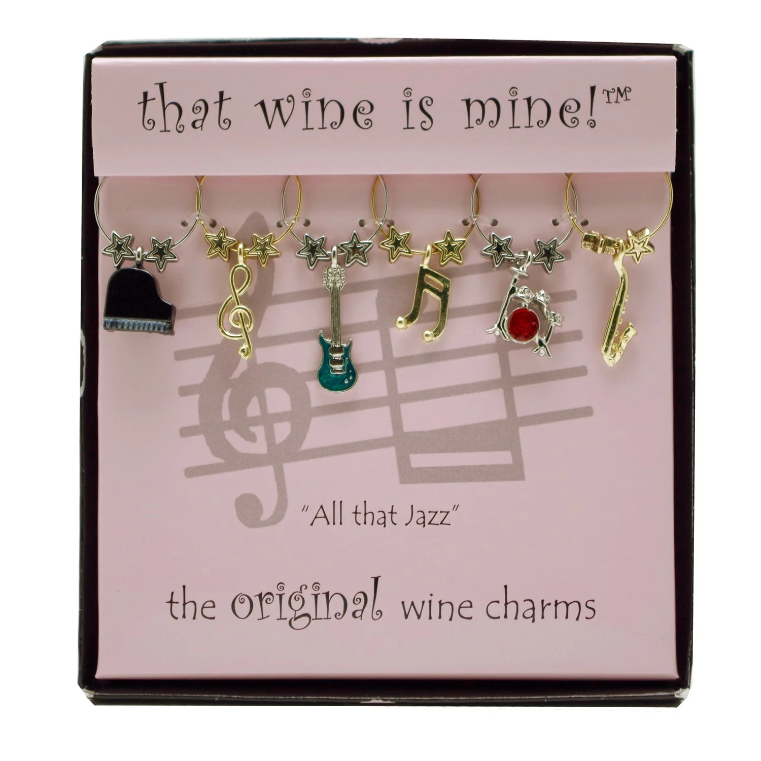 Wine Things 6-Piece Wine Charms/Wine Glass Tags/Drink Markers for Stem Glasses, Wine Tasting Party (All That Jazz)