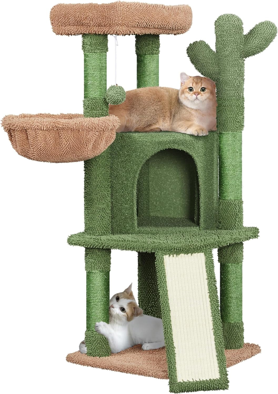 42″ H Cactus Cat Tree, Cute Cat Tower w/Scratching Posts, Indoor Cat Furniture Cat Activity Center Play House w/Platform, Condo, Basket & Hanging Ball