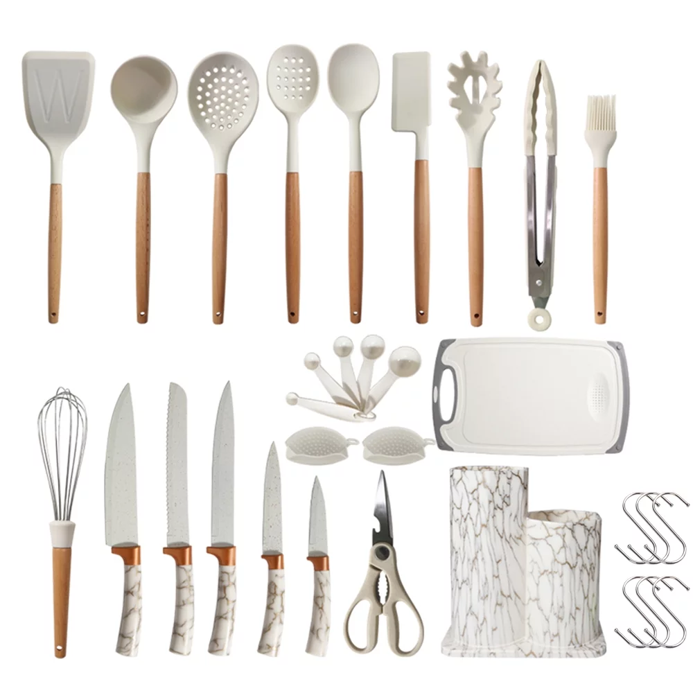 25 Pcs Silicone Cooking Utensils Kitchen Utensil Set - 446°F Heat Resistant, Wooden Handles Khaki Kitchen Gadgets Tools Set for Non-Stick Cookware (BPA Free)