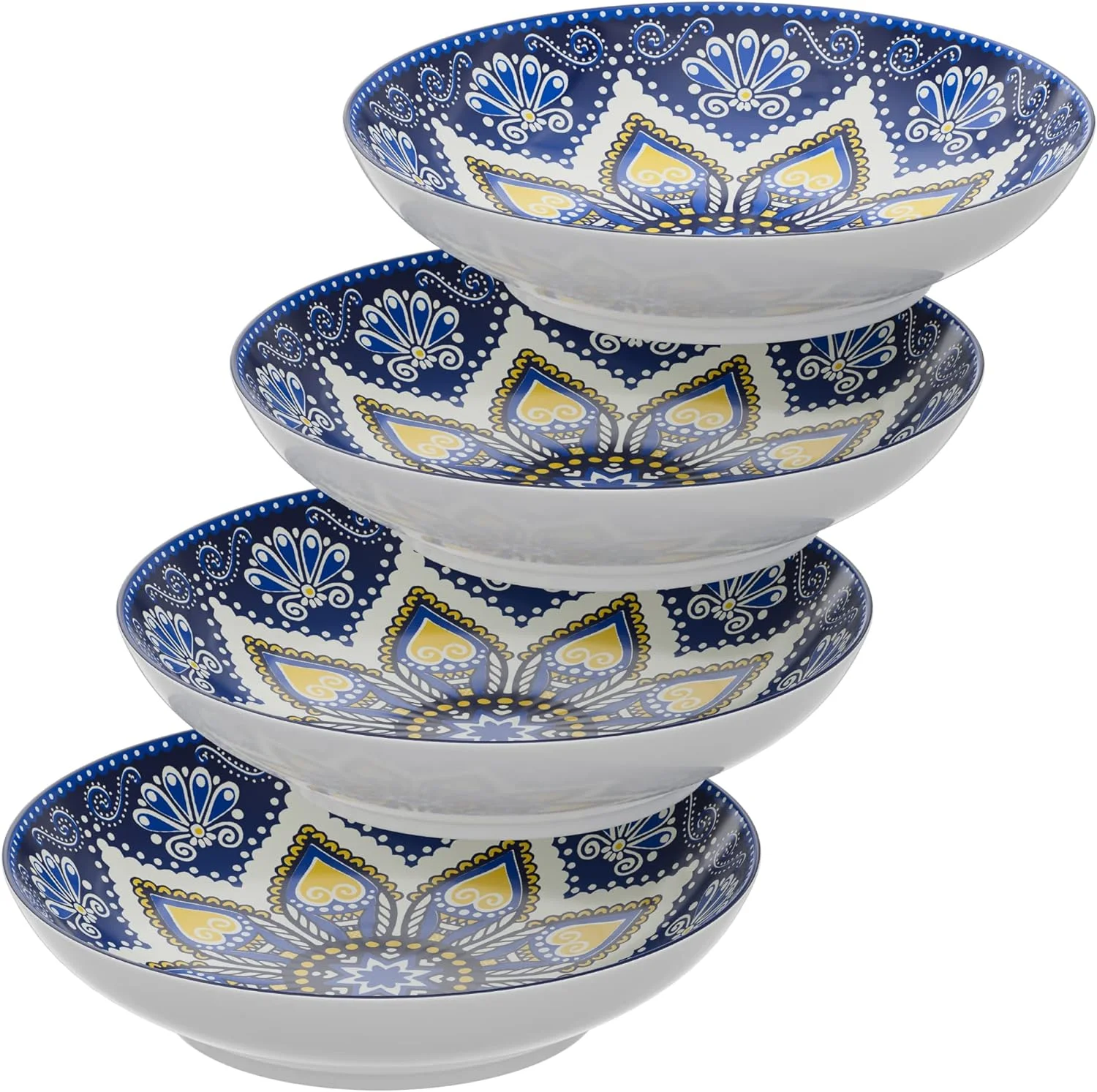 Pasa Bowls | Se Of 4 | Large, 9-Inch, Dinner Serving Plaes | Wide And Shallow Bowls Se For Pasa, Salad, Soup, Spaghei, Sews, Or Cereal | Blue & Yellow Medallion Moif