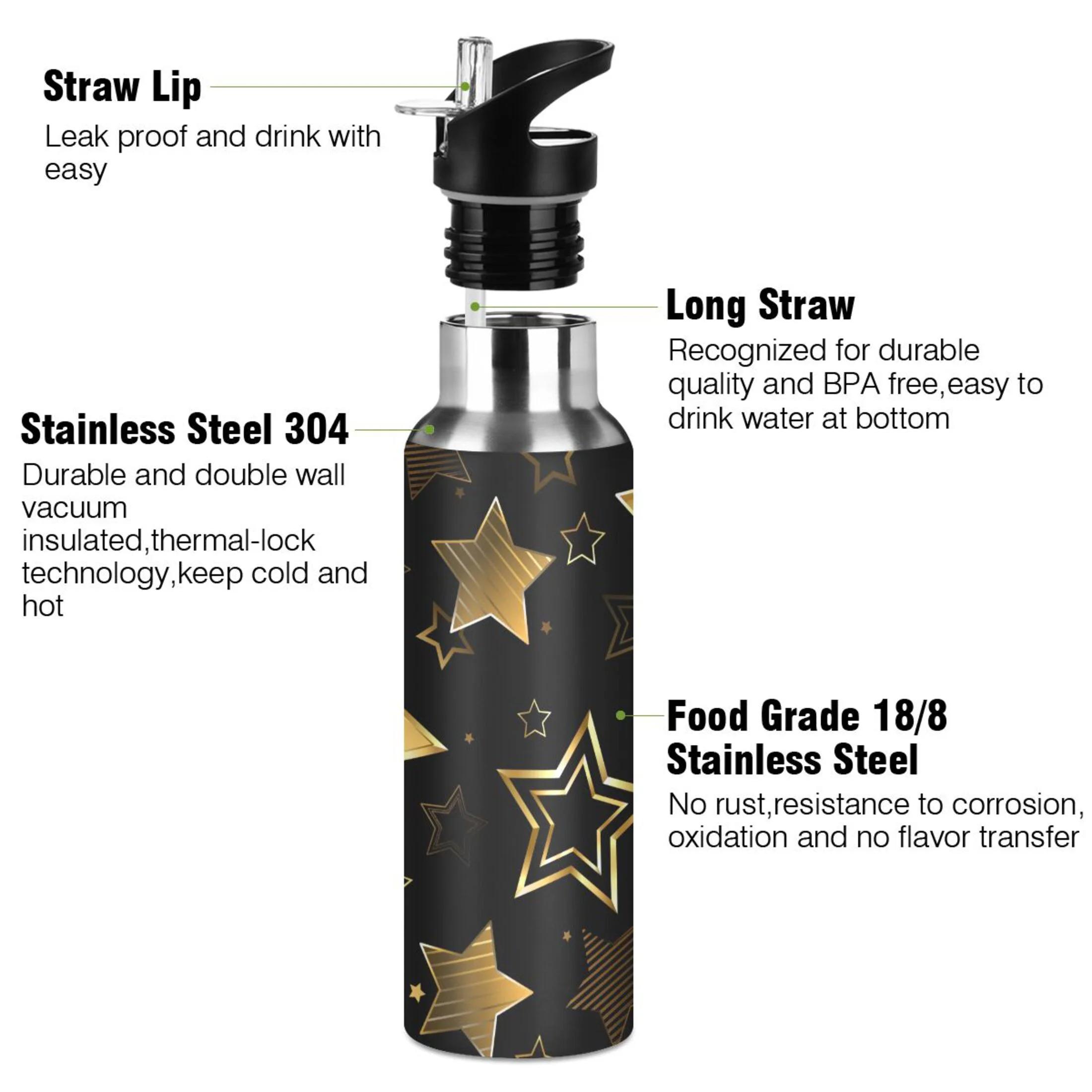 Water Bottle with Straw Lid Leak Golden Stars Stainless Steel Insulated Thermos Vacuum Flask for Cold Hot Drinking for Sports Camping Gym Yoga