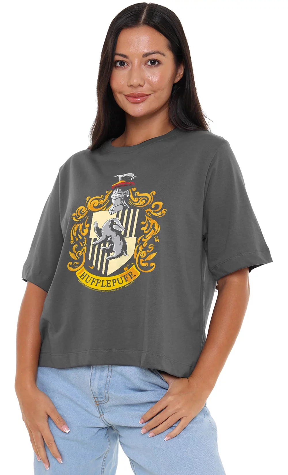 Harry Potter HP Hufflepuff Crest Women's Boxy Cropped T Shirt