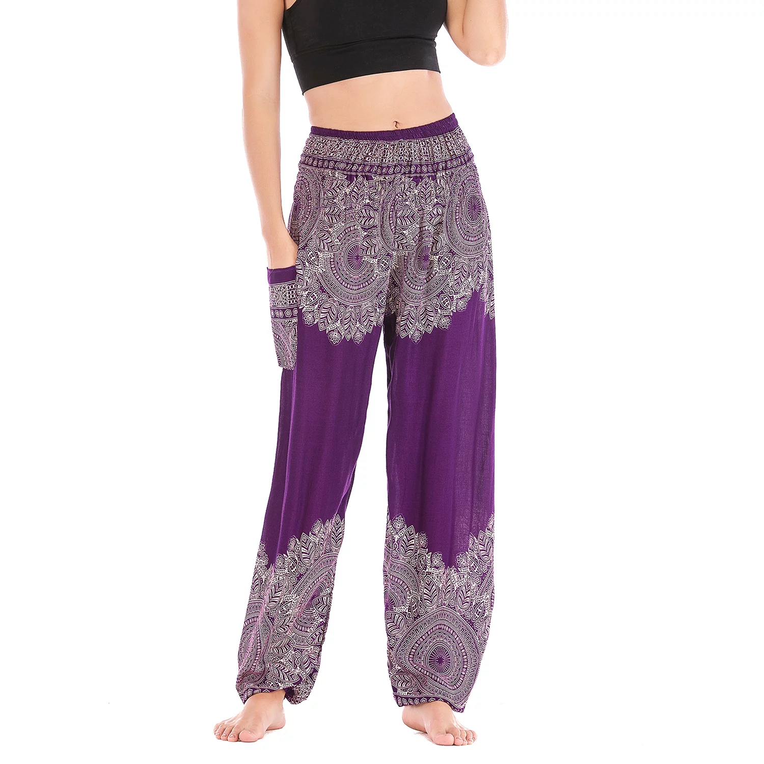 Lu's Chic Women's Boho Pants Rayon Harem Smocked Waist Yoga Hippie Palazzo Summer Beach Pants Purple One Size