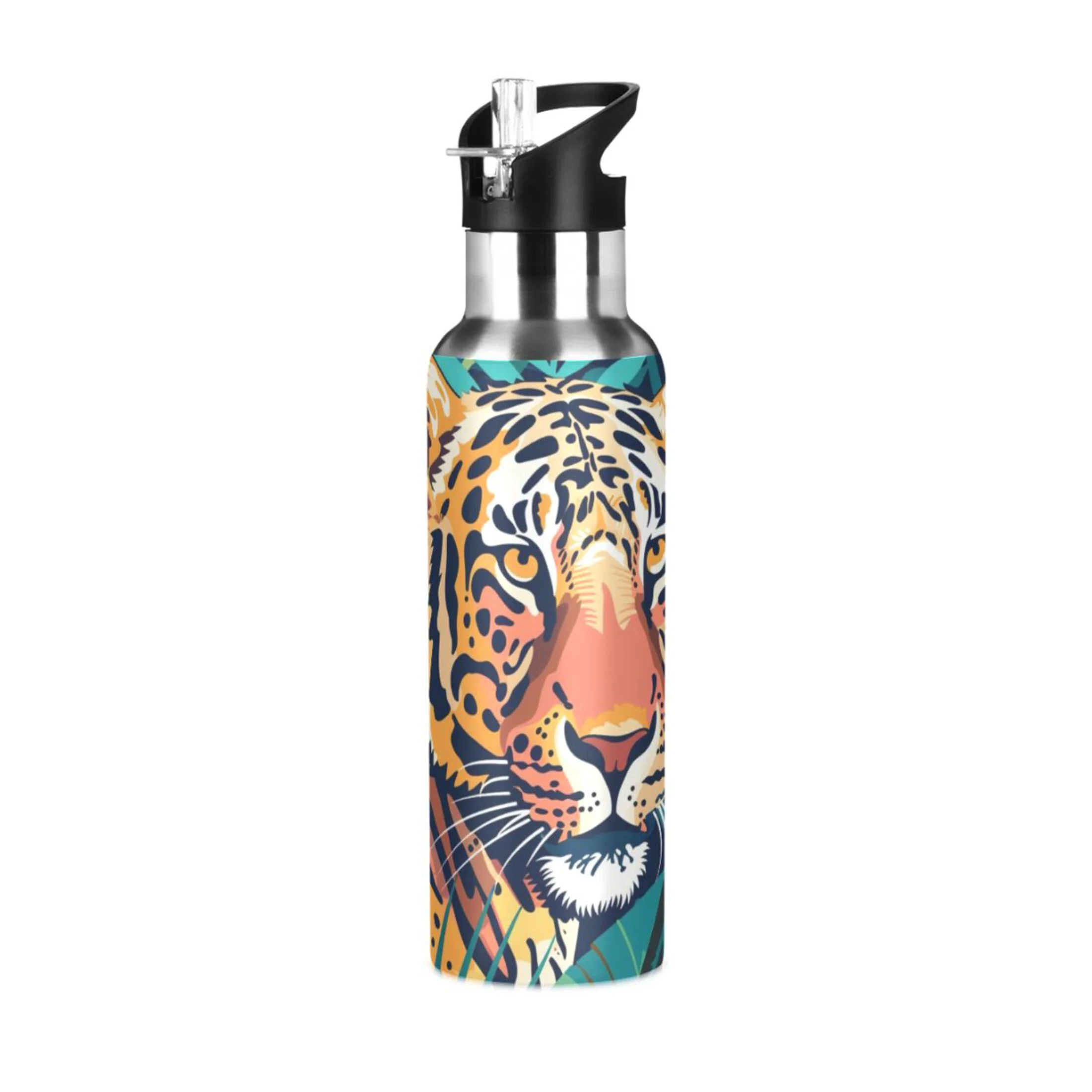 Tiger in Leaves Water Bottles Insulated Thermos Kids Stainless Steel Bottle with Straw Lid Flask Leakproof for Sports Gym 20 oz