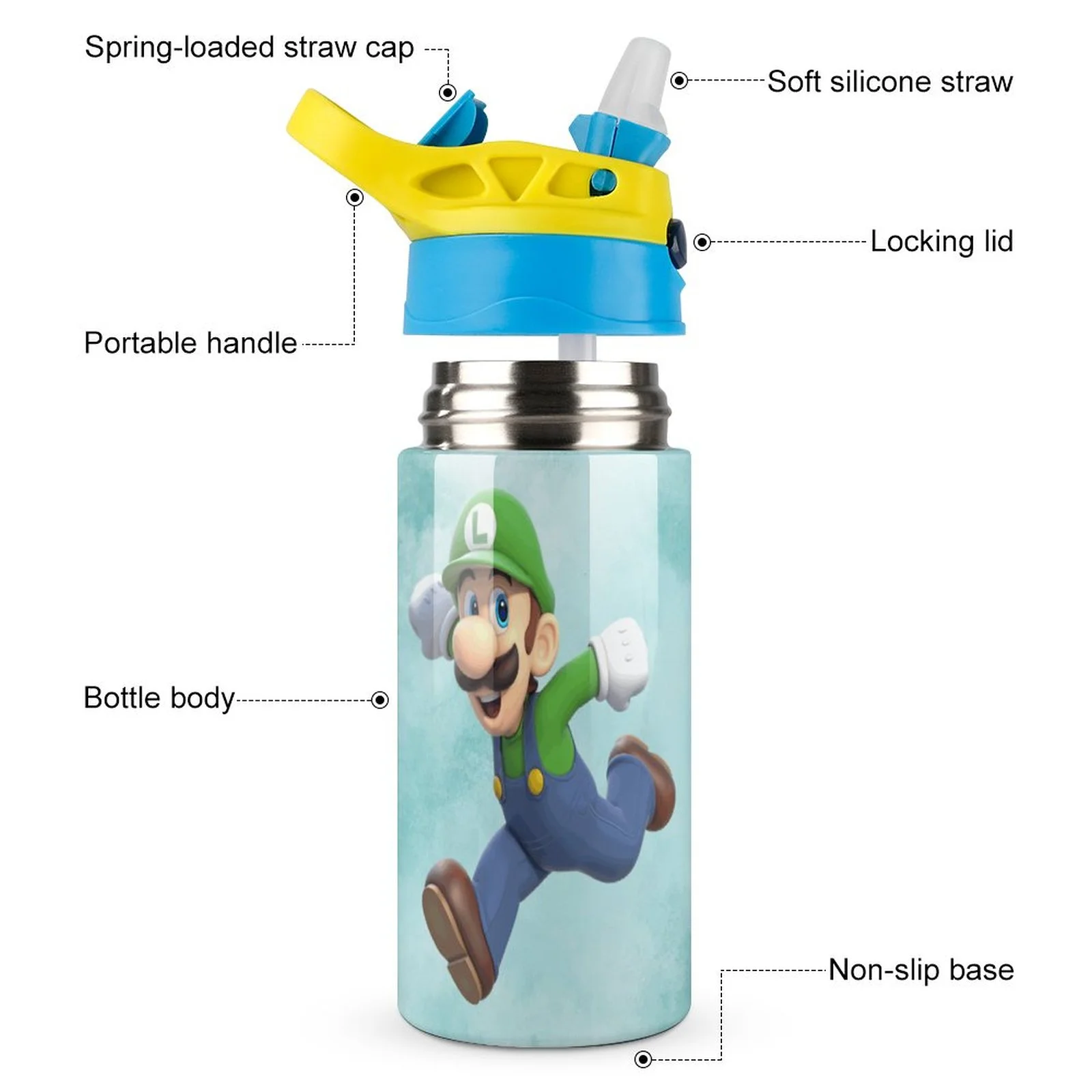 Luigi's Mansion Kid's Insulated Water Bottle With Straw Vacuum Stainless Steel Cup Leak-Proof Children Toddler Thermoses