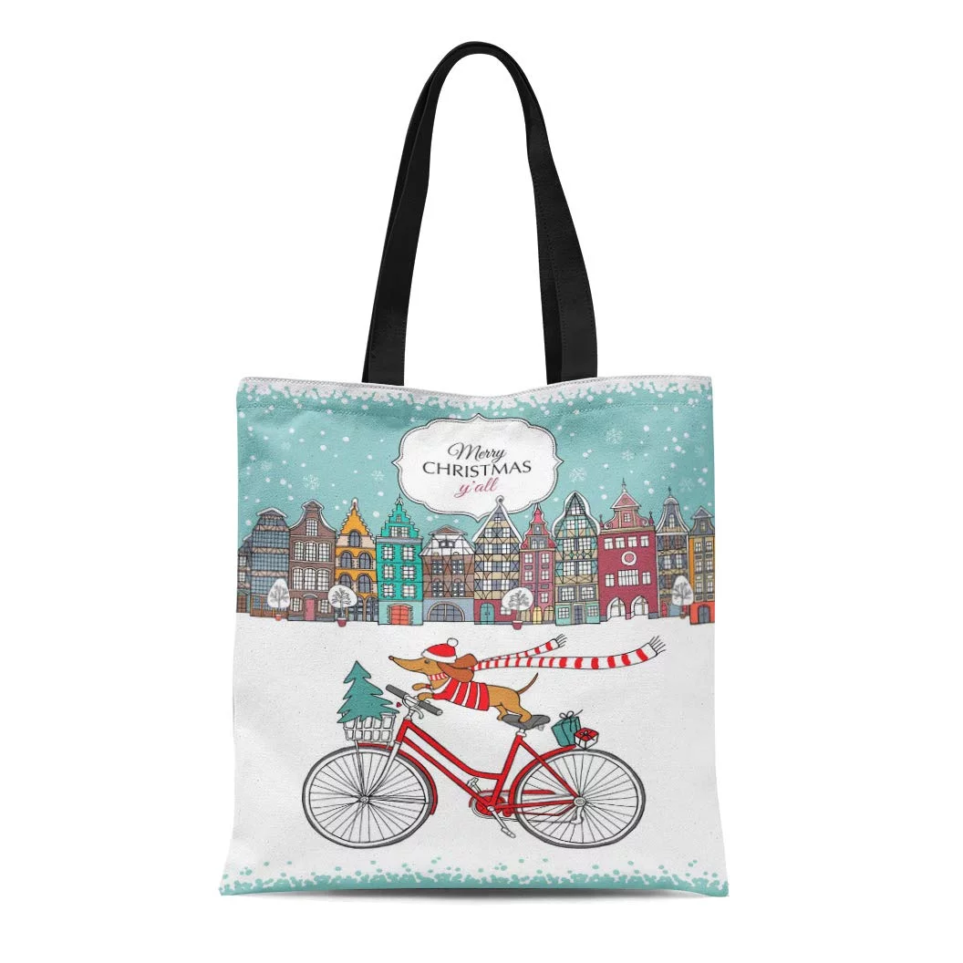 ASHLEIGH Canvas Bag Resuable Tote Grocery Shopping Bags Christmas European Color Houses and Dog Dachshund Bike in the Winter Tote Bag