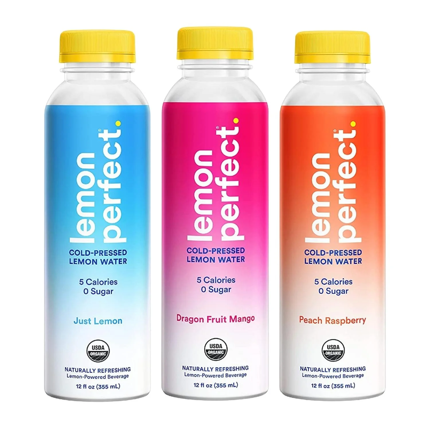 Lemon Perfect,  (15 Pack) Organic Cold-Pressed Lemon Water, Squeezed from Real Fruit, Flavored Water, Sugar-Free, Just Lemon, Dragon Fruit Mango & Peach-Raspberry, 12fl oz Bottles, 5 of each