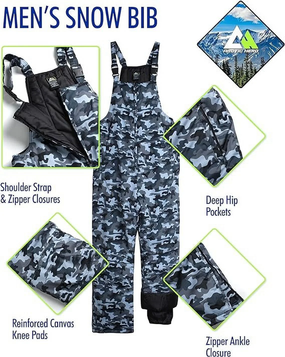 Arctic Hero Men’s Snow Bib – Insulated Waterproof Snow Pants Ski/Snowboard Overalls (S-2XL)