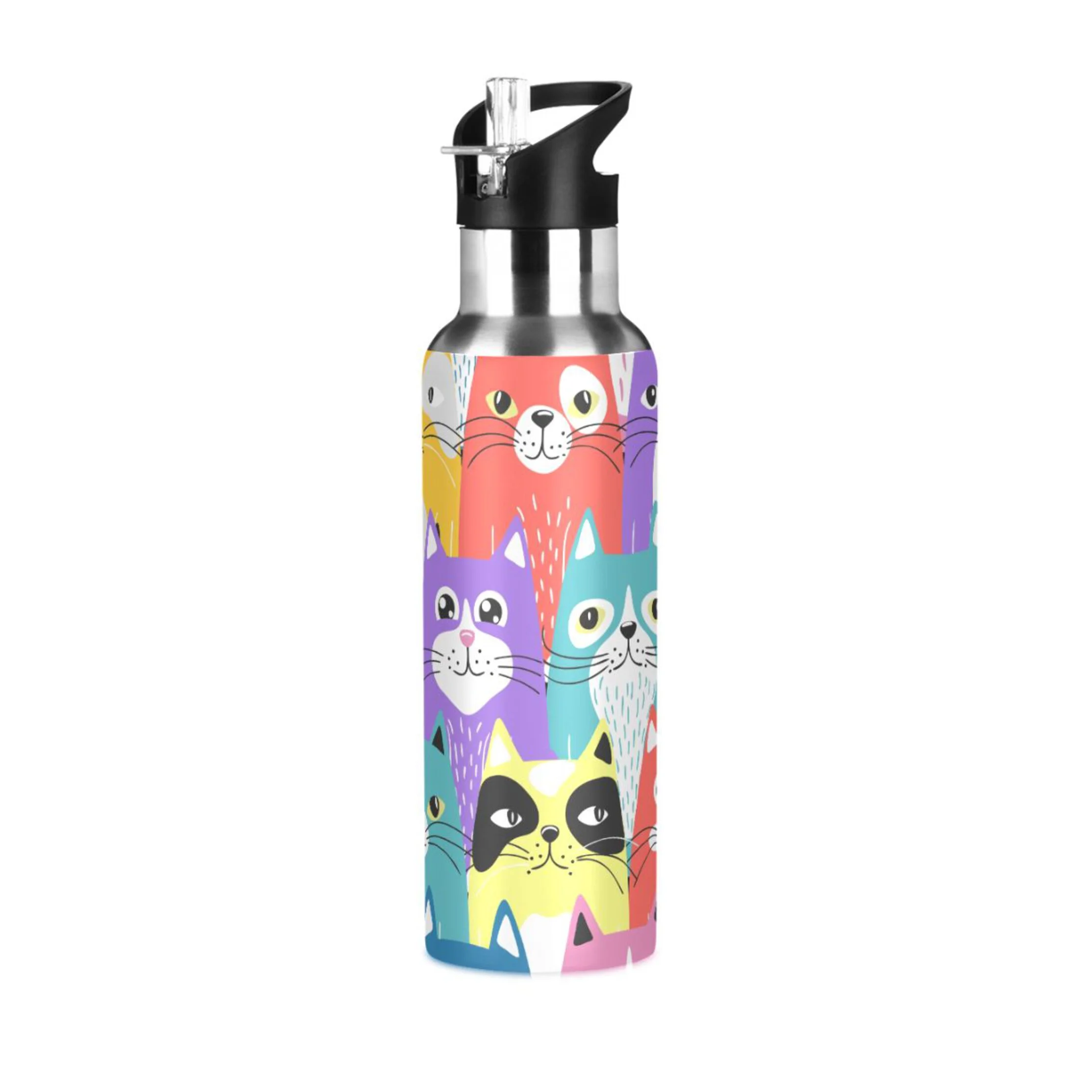 Water Bottle with Straw Lid Leak Funny Cartoon Cats Stainless Steel Insulated Thermos Vacuum Flask for Cold Hot Drinking for Sports Camping Gym Yoga