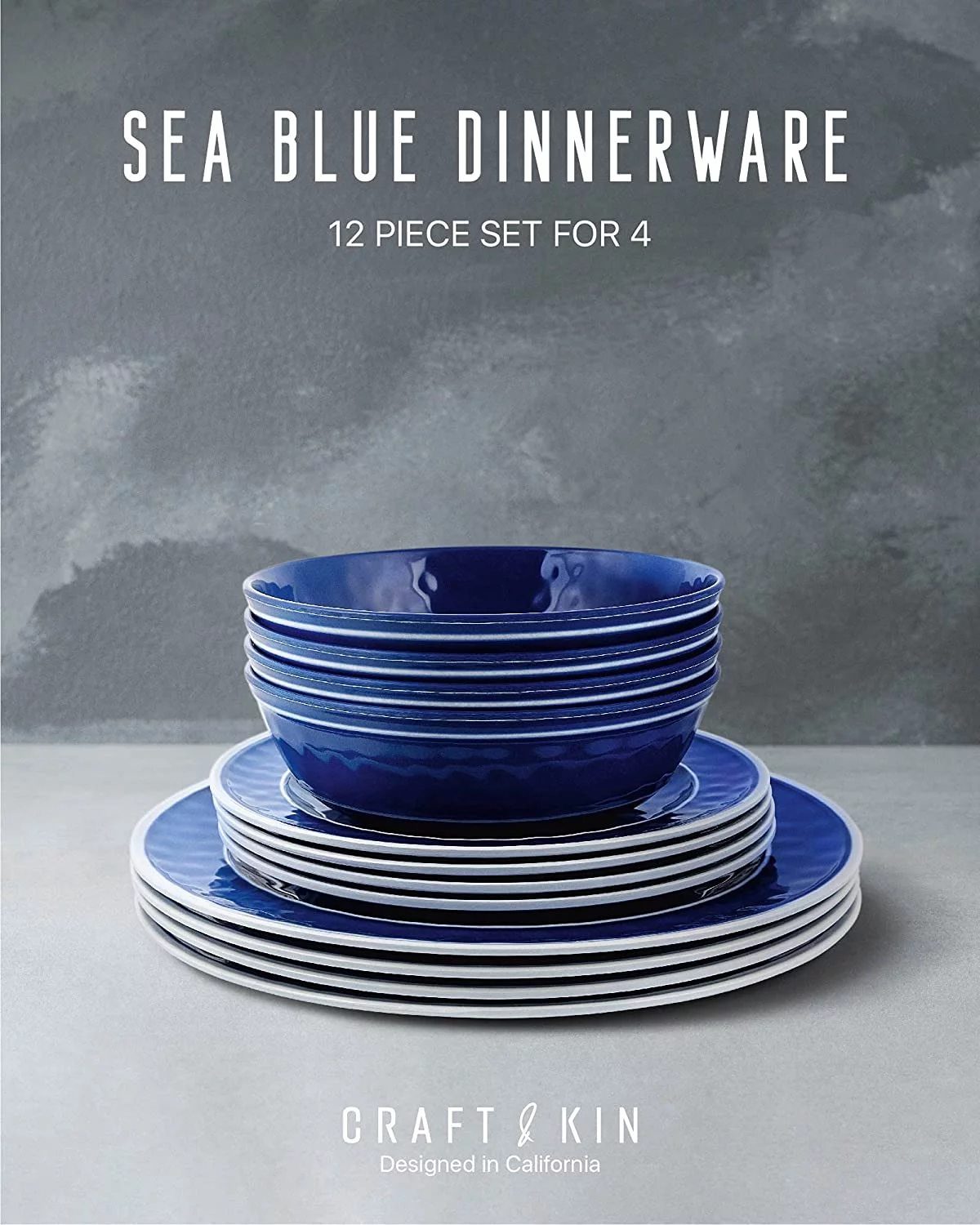 Craft & Kin Melamine Dinnerware Set - Sea Blue, Round (12 Piece Set)