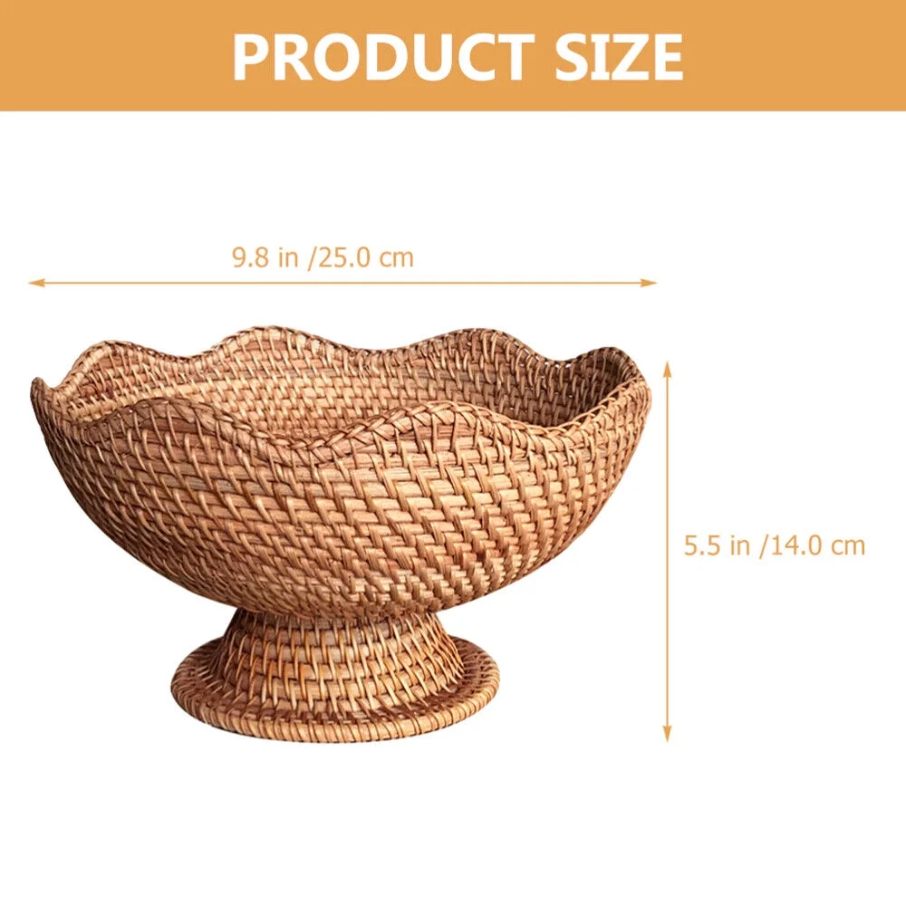 Rattan Fruit Plate Pedestal Display Basket Wicker Snack Trays