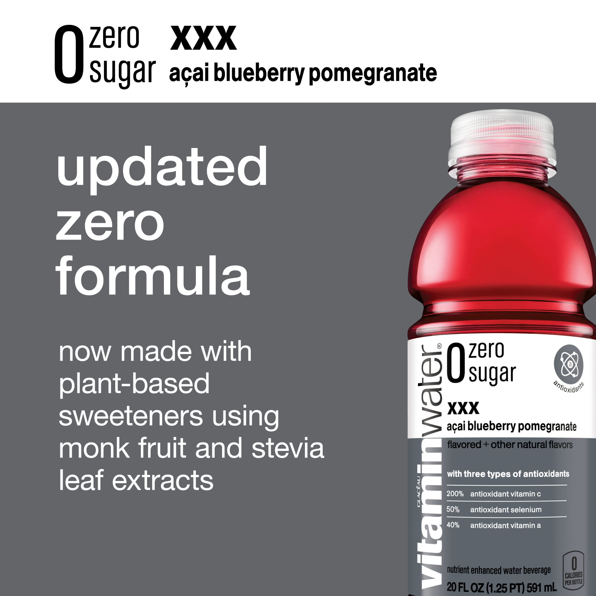 Vitaminwater Zero Sugar Xxx, Electrolyte Enhanced Water W/ Vitamins, Açai-Blueberry-Pomegranate Drinks, 20 Fl Oz, 12 Pack