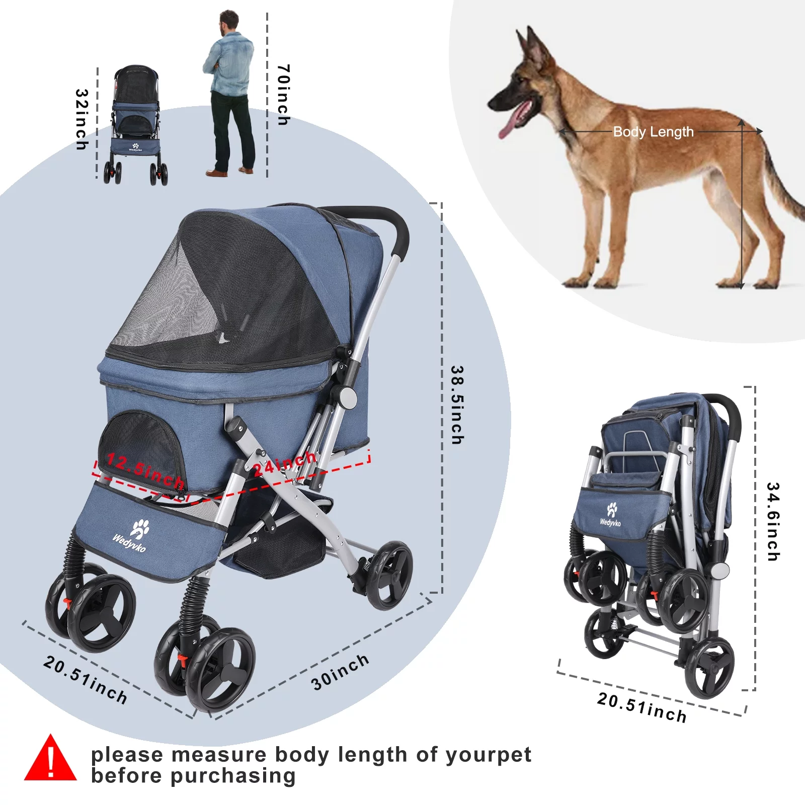 Wedyvko New upgraded shock-absorbing medium-sized Dog Stroller for cats and dogs, 360° swivel front wheel-Blue