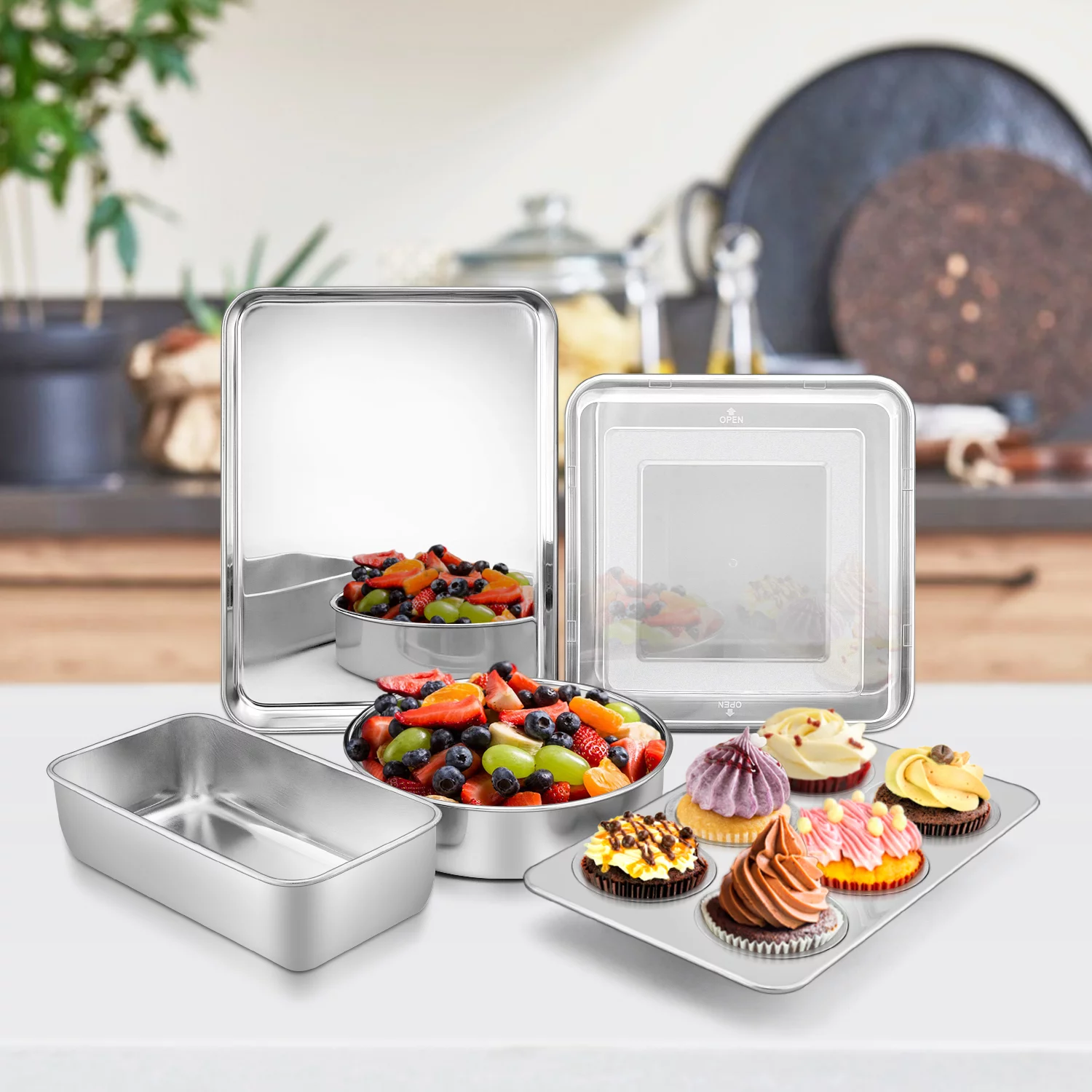 Walchoice Stainless Steel Bakeware Set of 6, Metal Toaster Oven Pans, Professional Baking Pans Include Cookie Sheet, Loaf & Muffin Pan