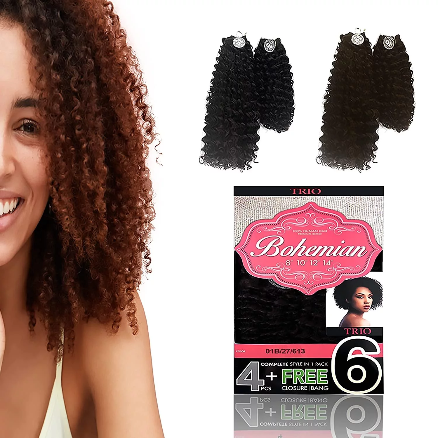 Trio Hair Extensions Real Human Hair, Extension Clips, Ponytail Extension, & Buns Hair Piece, Hair Wig, Premium Human Hair Quality, Bohemian, 8, 10, 12 &14 Inches, Color: 01B27613